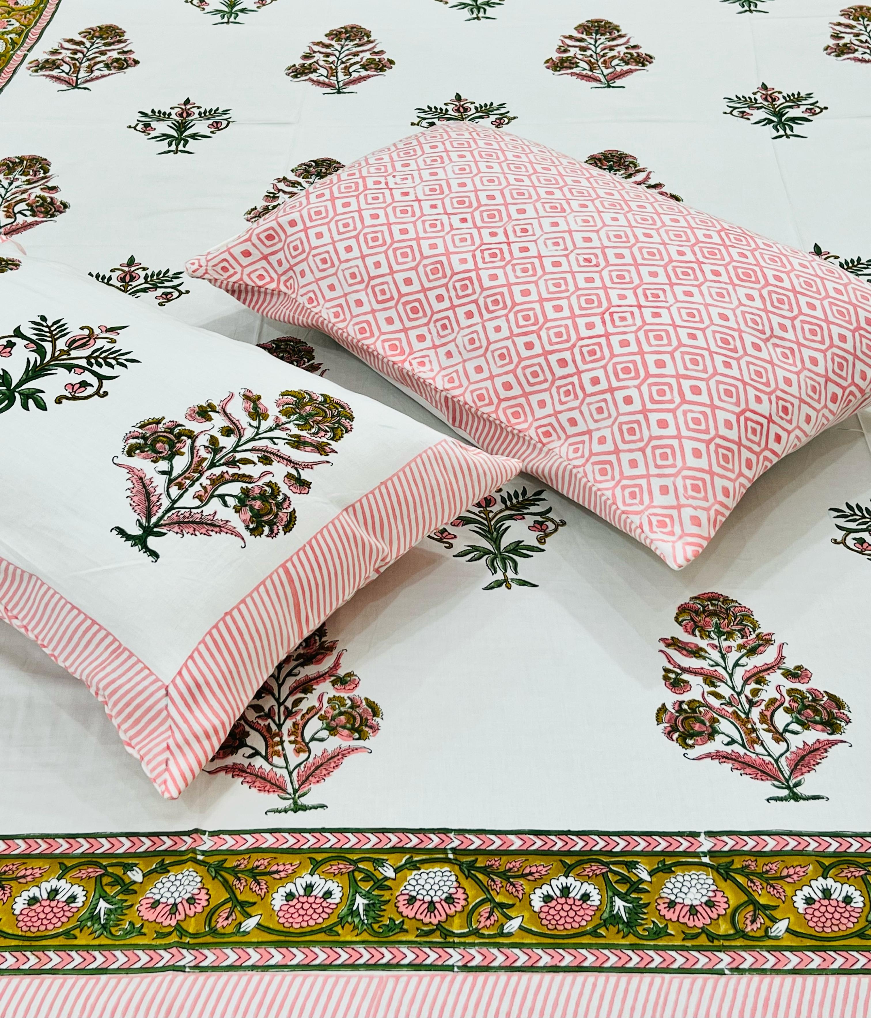 Pure cotton handblock printed king size bedsheet with 2 pillow covers (100x108 inches)