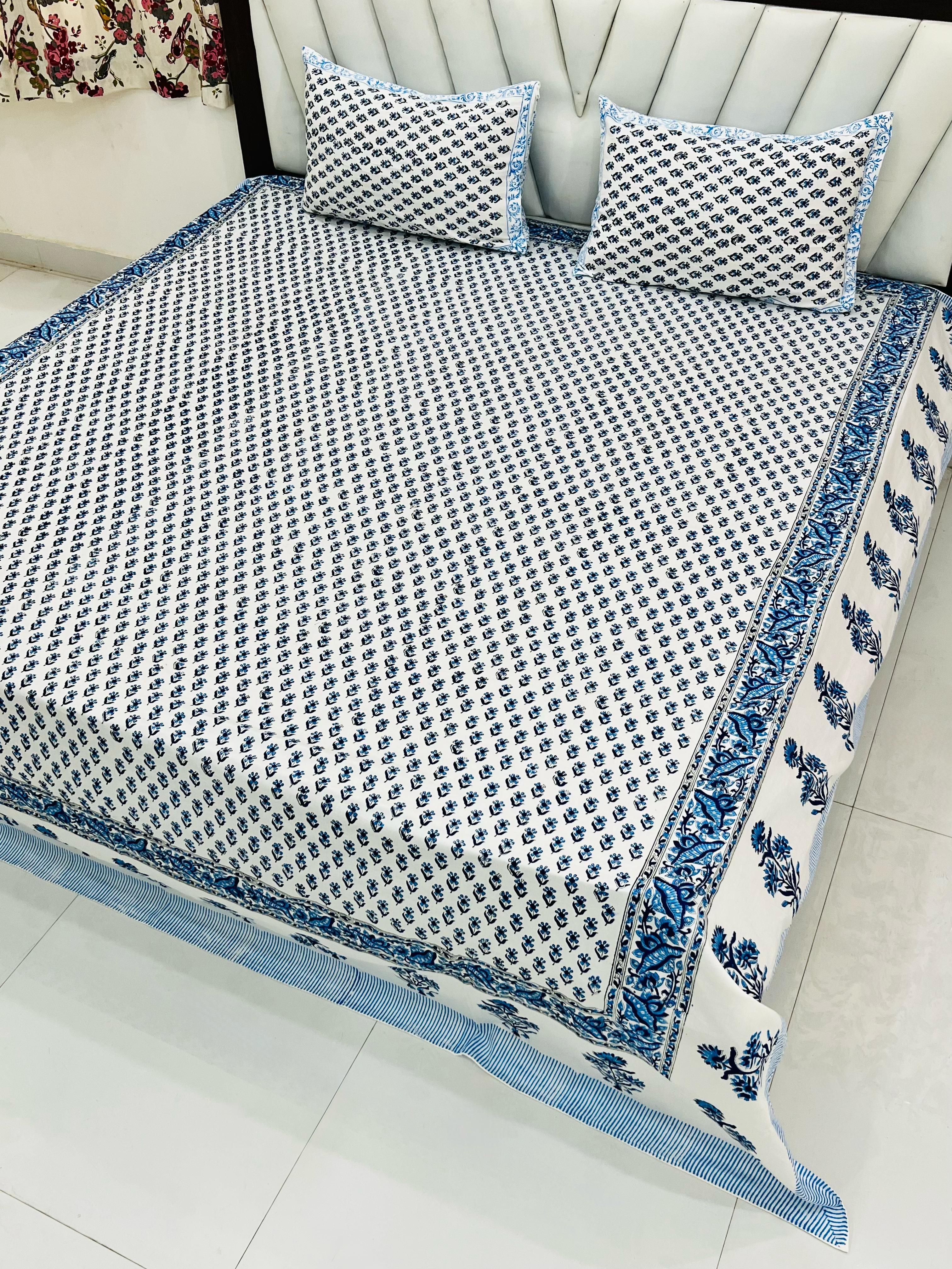 Pure cotton handblock printed king size bedsheet with 2 pillow covers (100x108 inches)