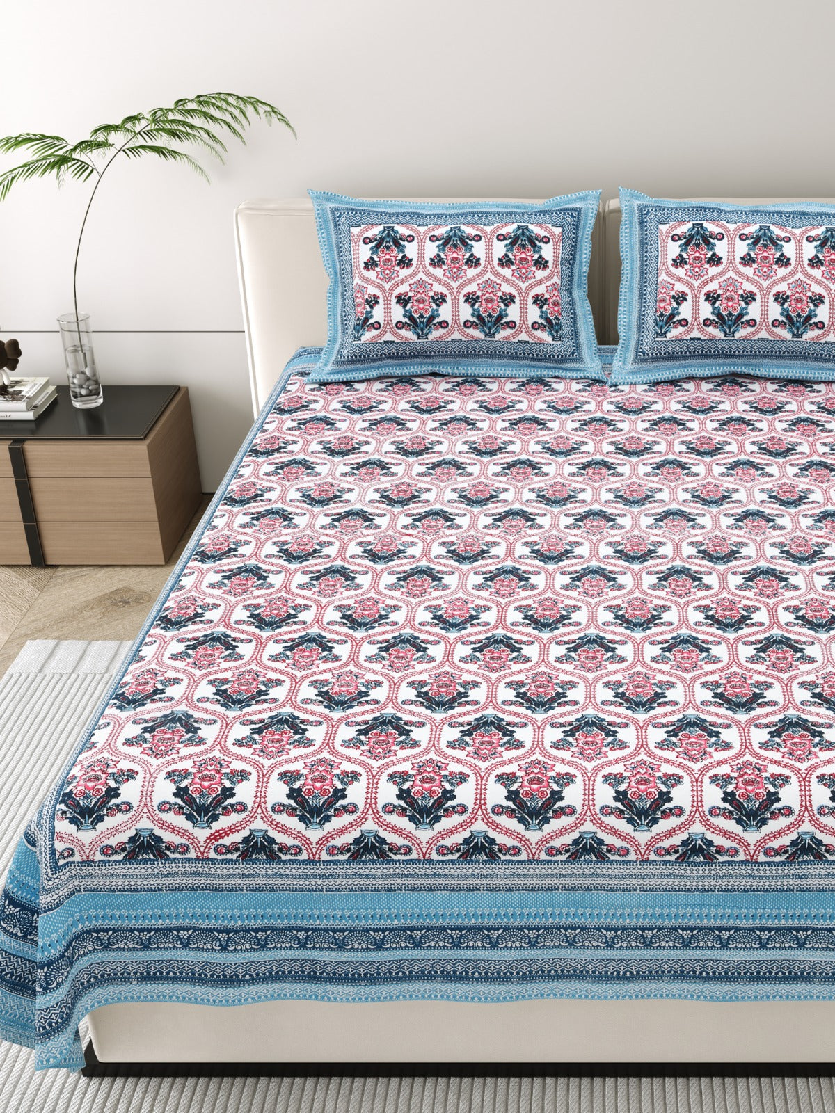 Pure cotton king size bedsheet with 2 pillow covers (100x108 inches)