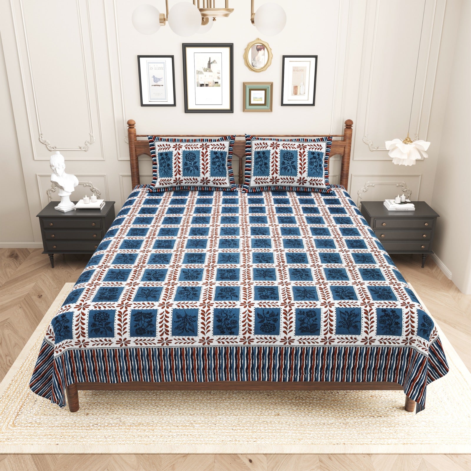 Pure cotton king size bedsheet with 2 pillow covers (100x108 inches)