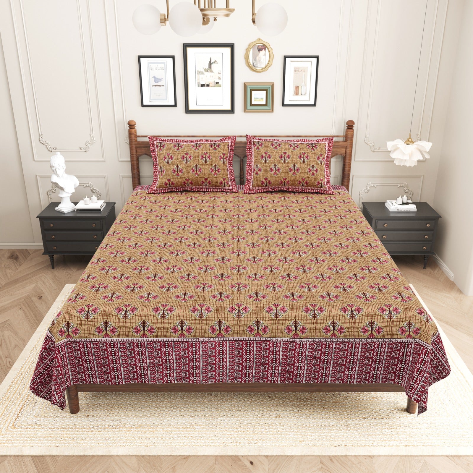 Pure cotton king size bedsheet with 2 pillow covers (100x108 inches)