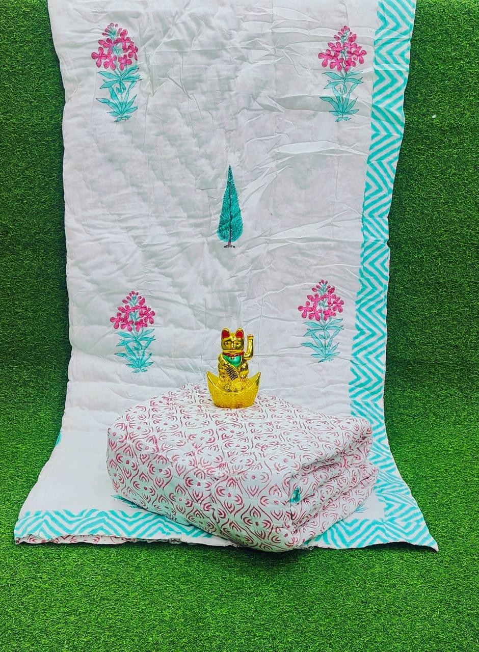 Pure mulmul cotton single handblock printed and reversible AC quilts (set of 2)