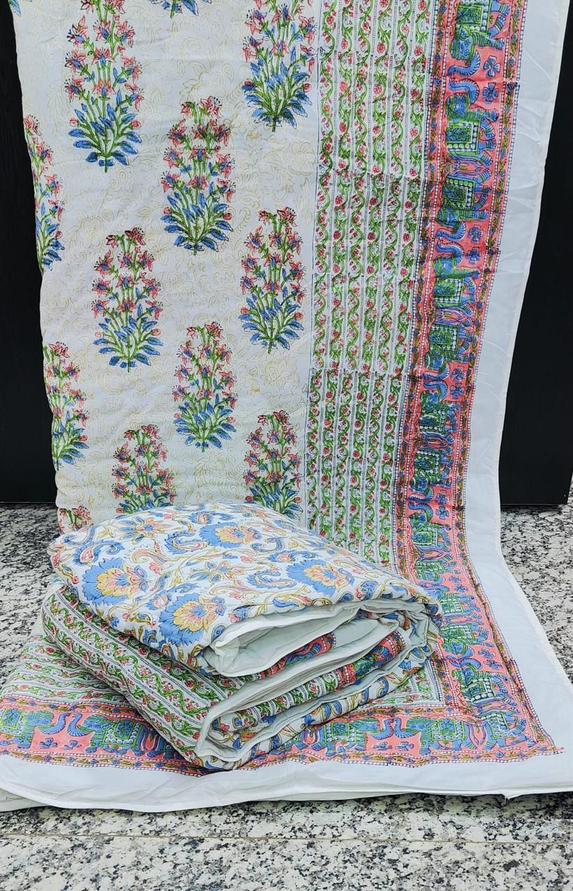 Pure mulmul cotton single handblock printed and reversible AC quilts (set of 2)