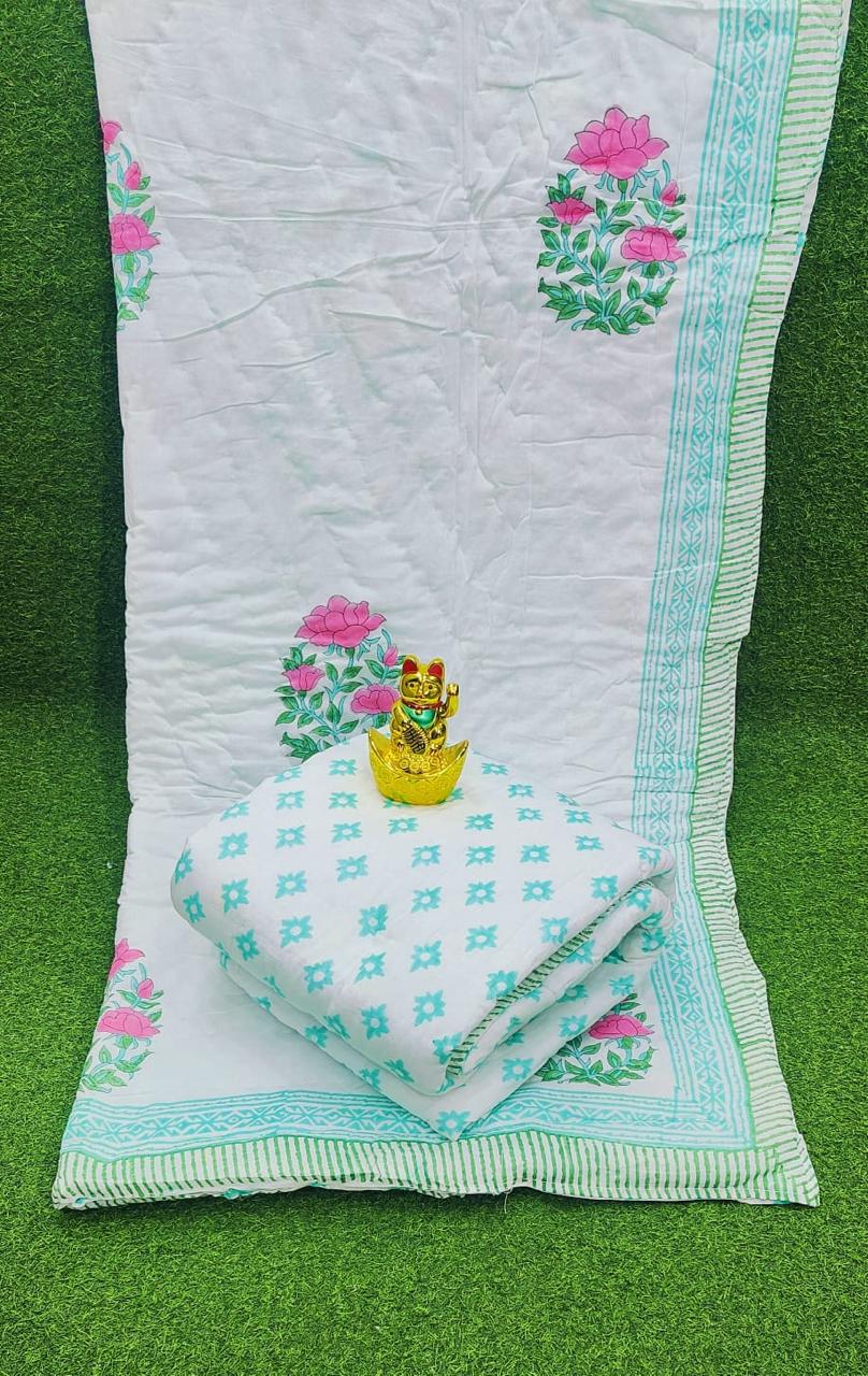 Pure mulmul cotton single handblock printed and reversible AC quilts (set of 2)