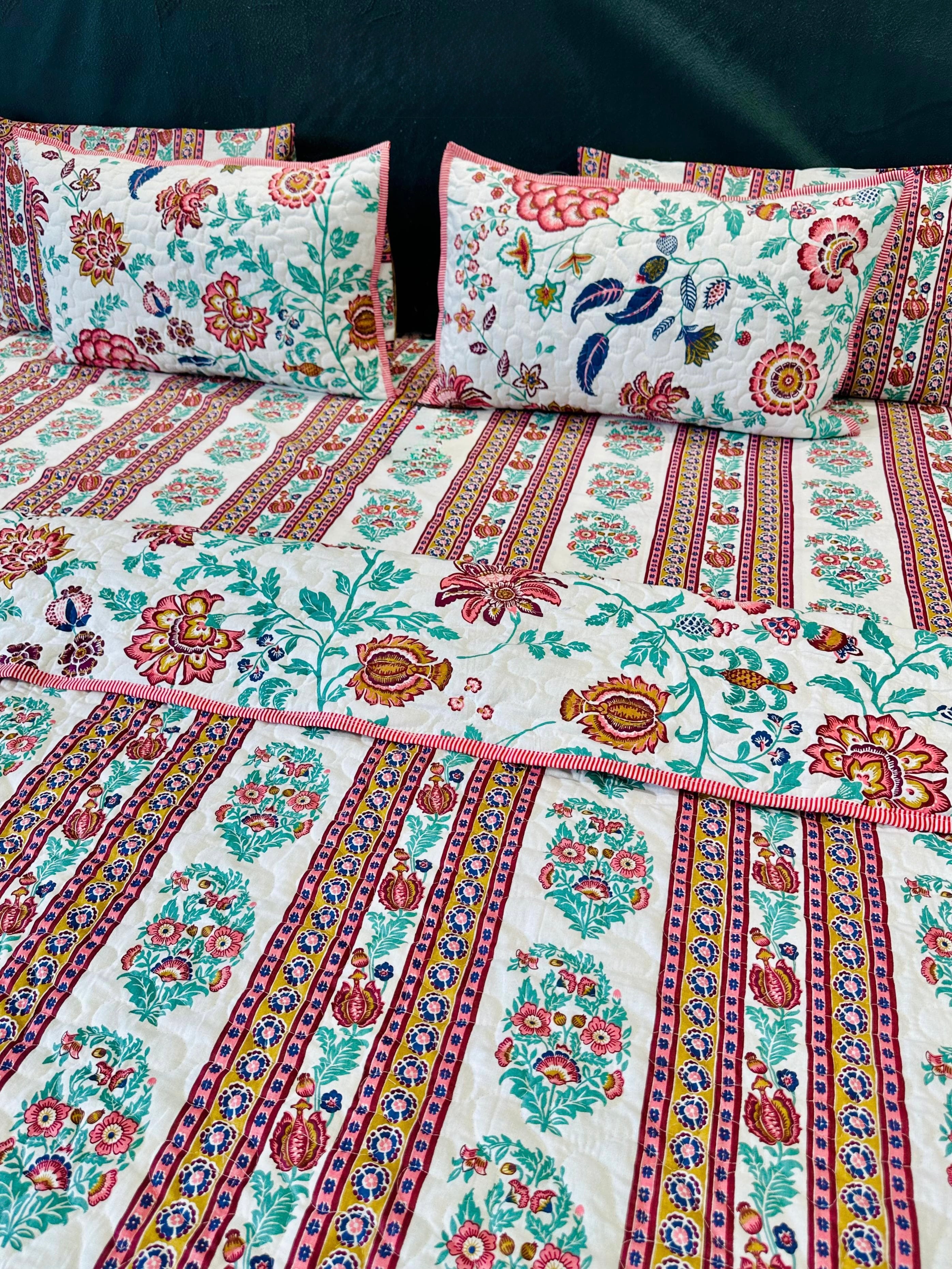 Pure cotton 6 piece bedsheet and quilted bedcover king size combos
