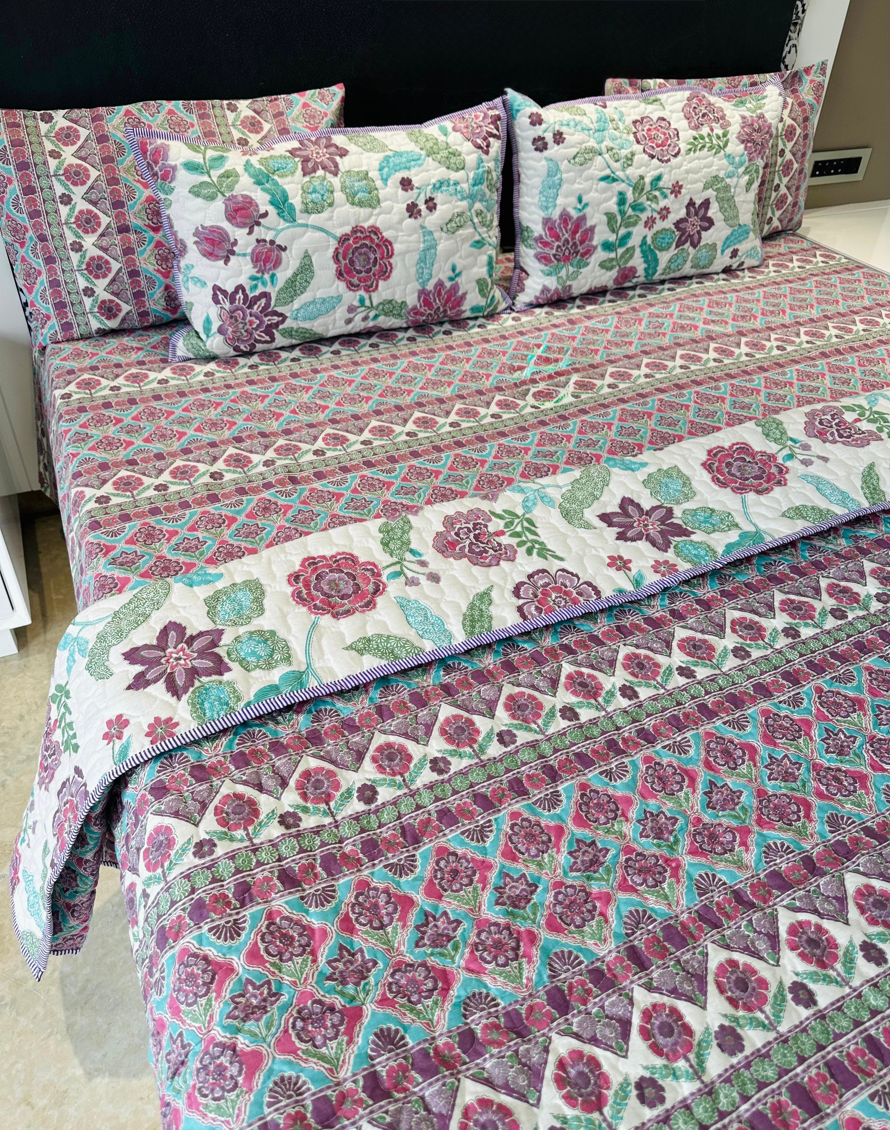 Pure cotton 6 piece bedsheet and quilted bedcover king size combos