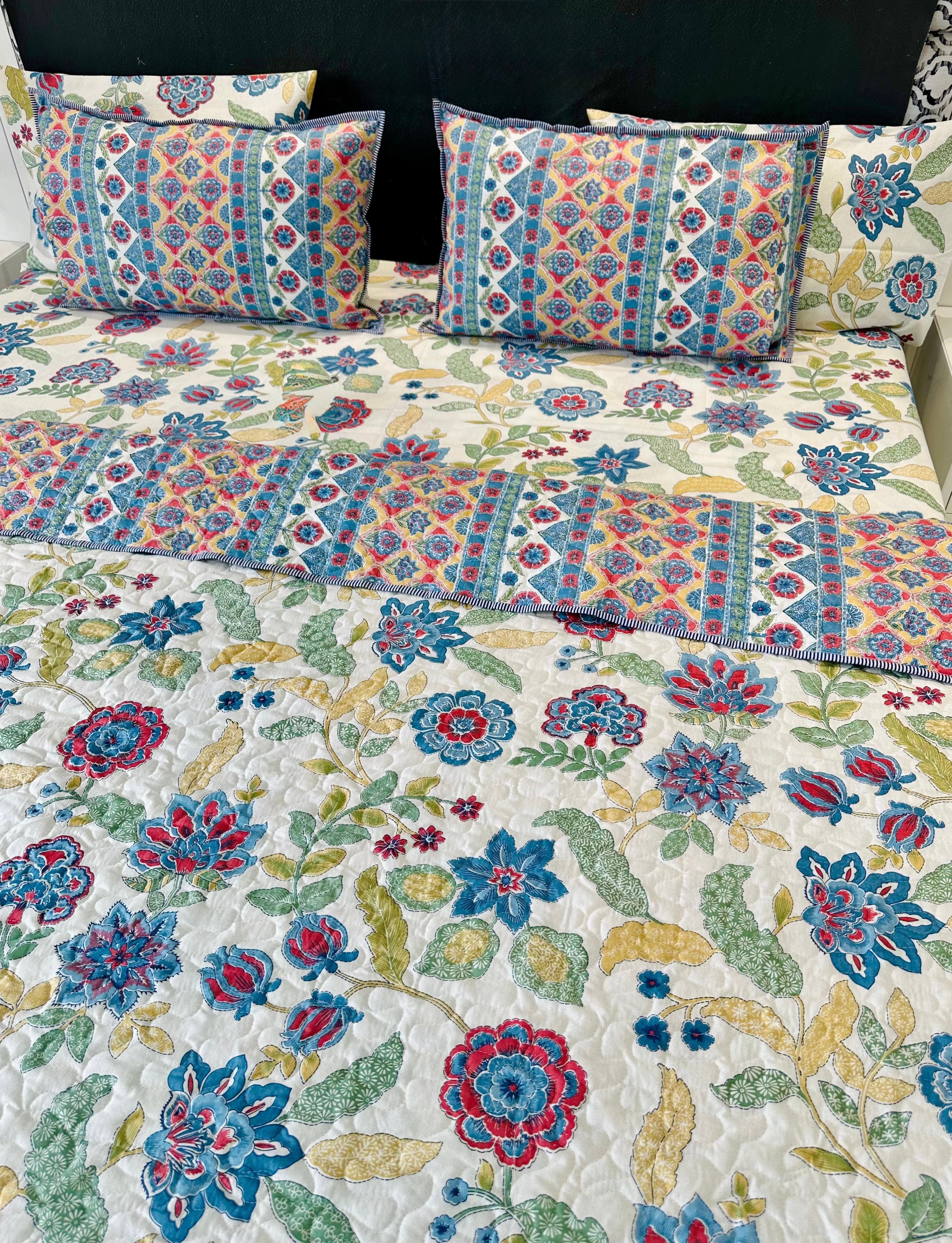 Pure cotton 6 piece bedsheet and quilted bedcover king size combos