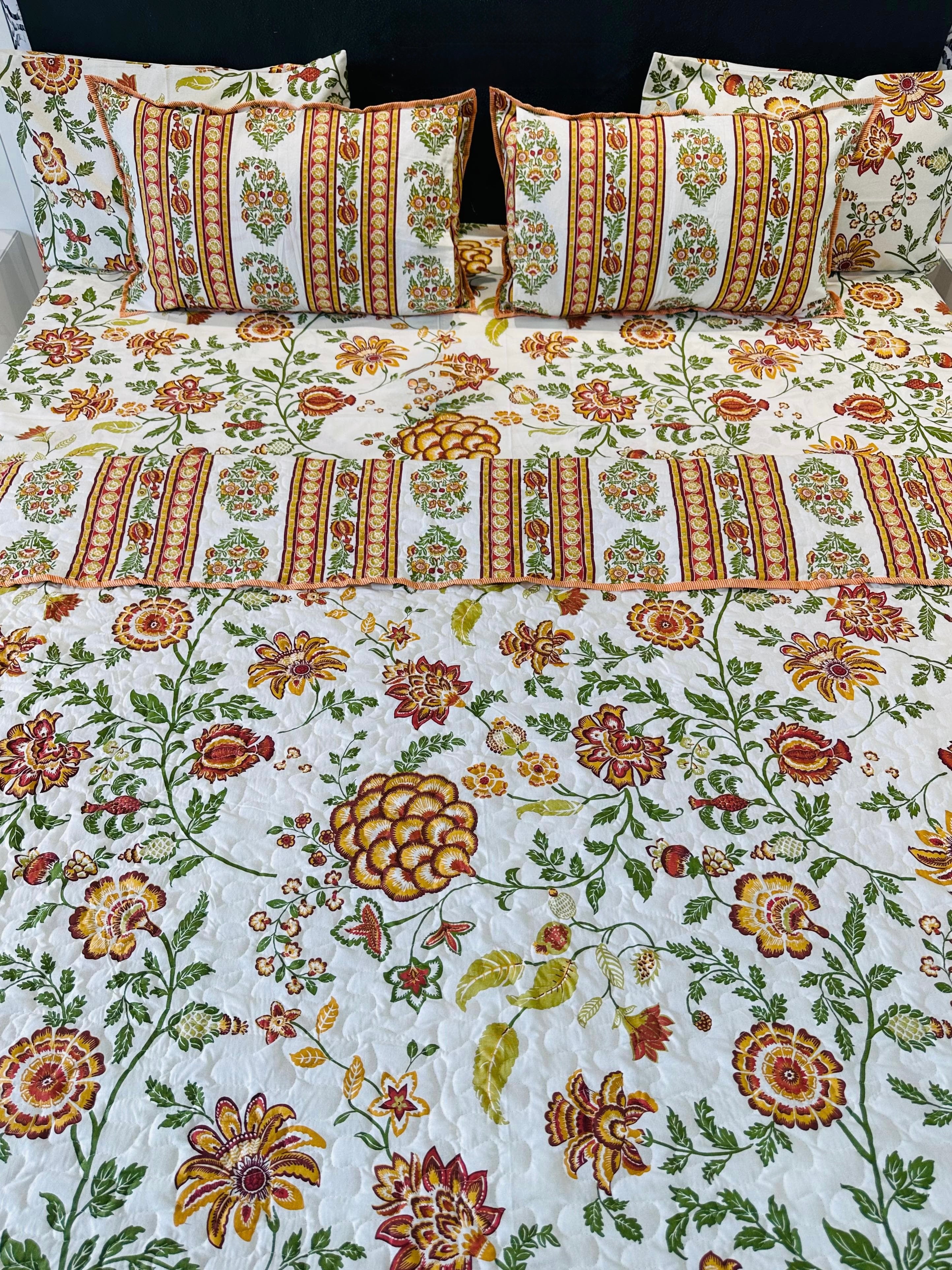 Pure cotton 6 piece bedsheet and quilted bedcover king size combos
