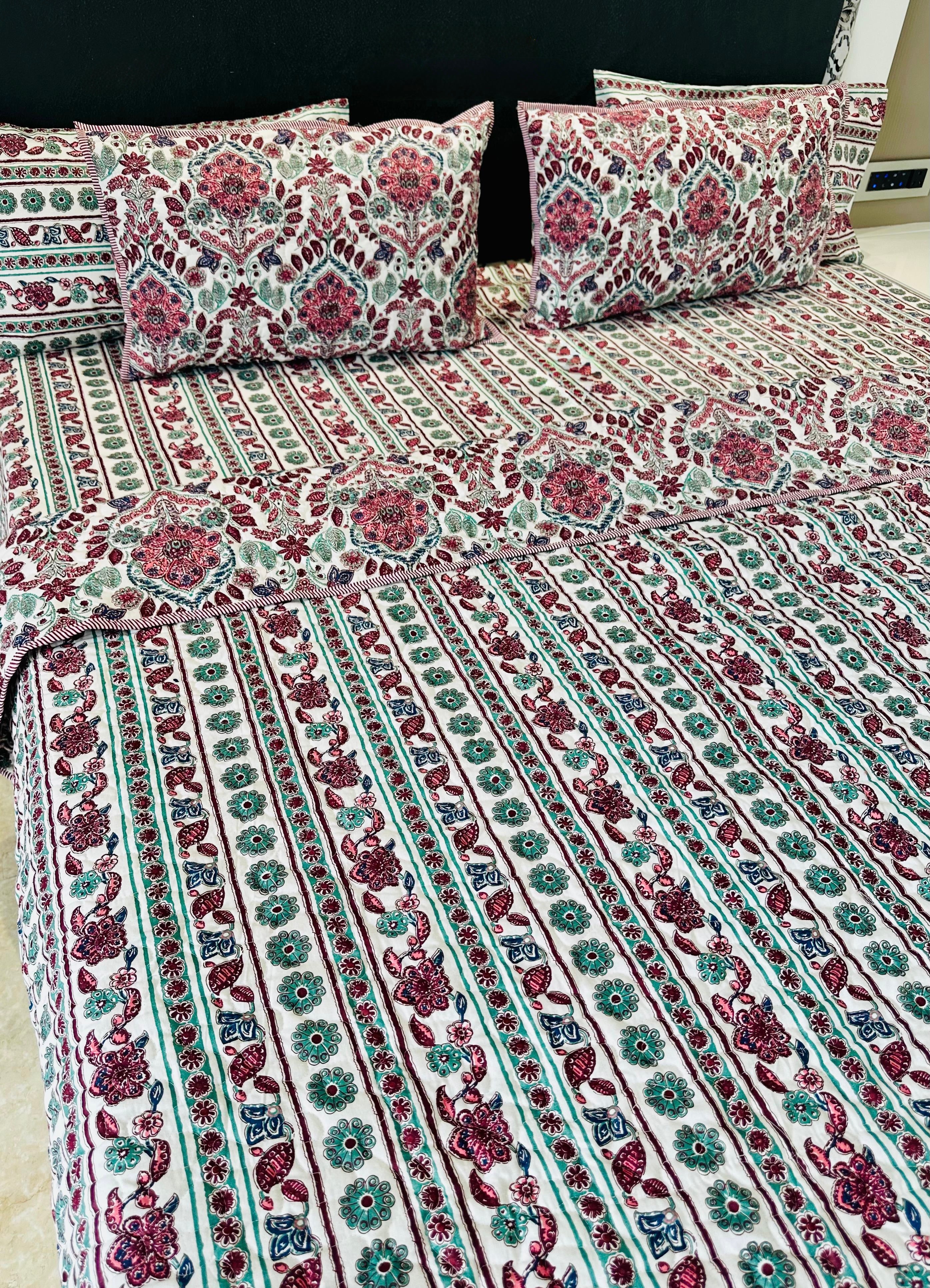 Pure cotton 6 piece bedsheet and quilted bedcover king size combos