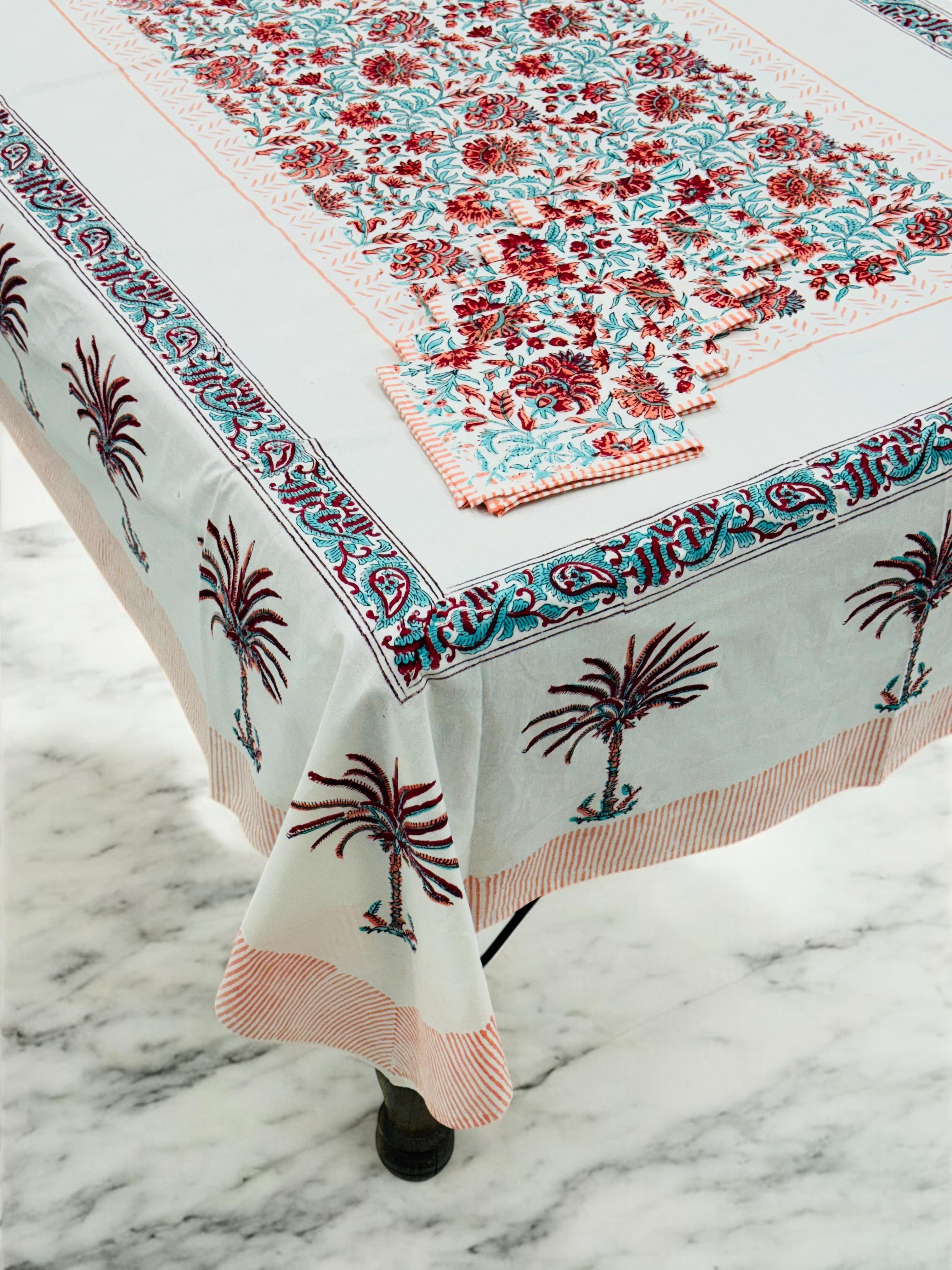 Pure cotton hand-block printed dining table covers with 6 napkins (for 6 seater tables)