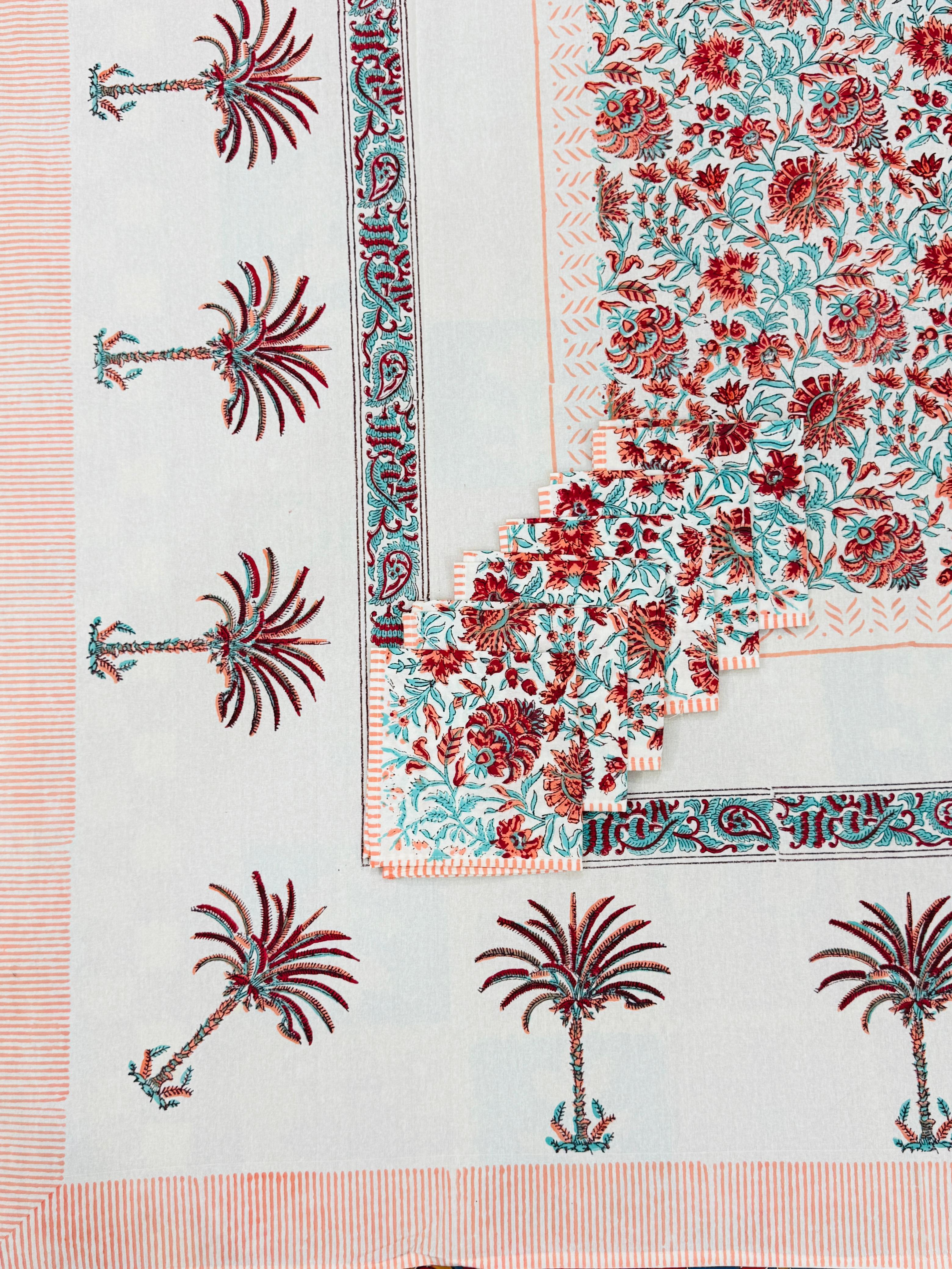 Pure cotton hand-block printed dining table covers with 6 napkins (for 6 seater tables)