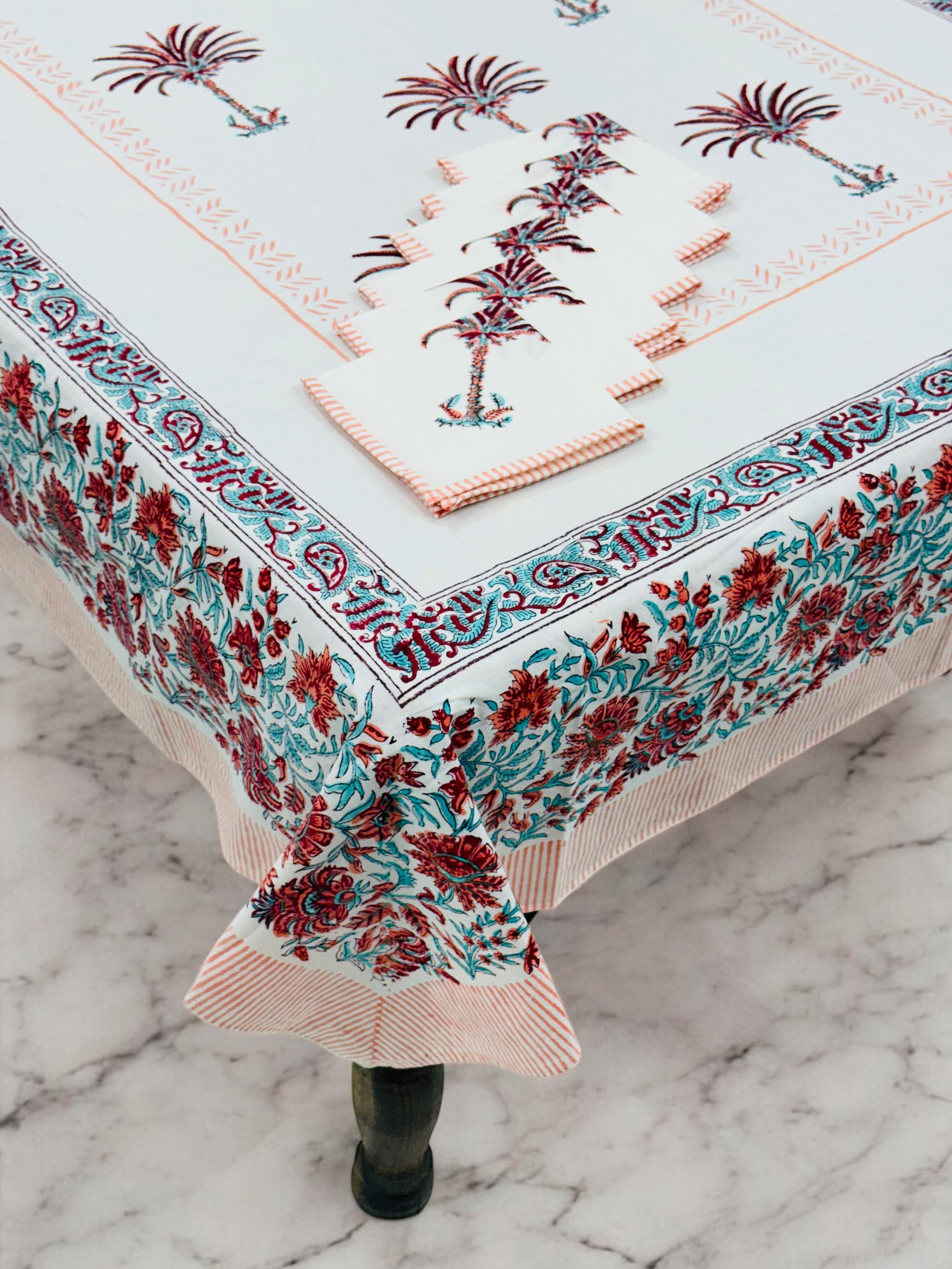 Pure cotton hand-block printed dining table covers with 6 napkins (for 6 seater tables)