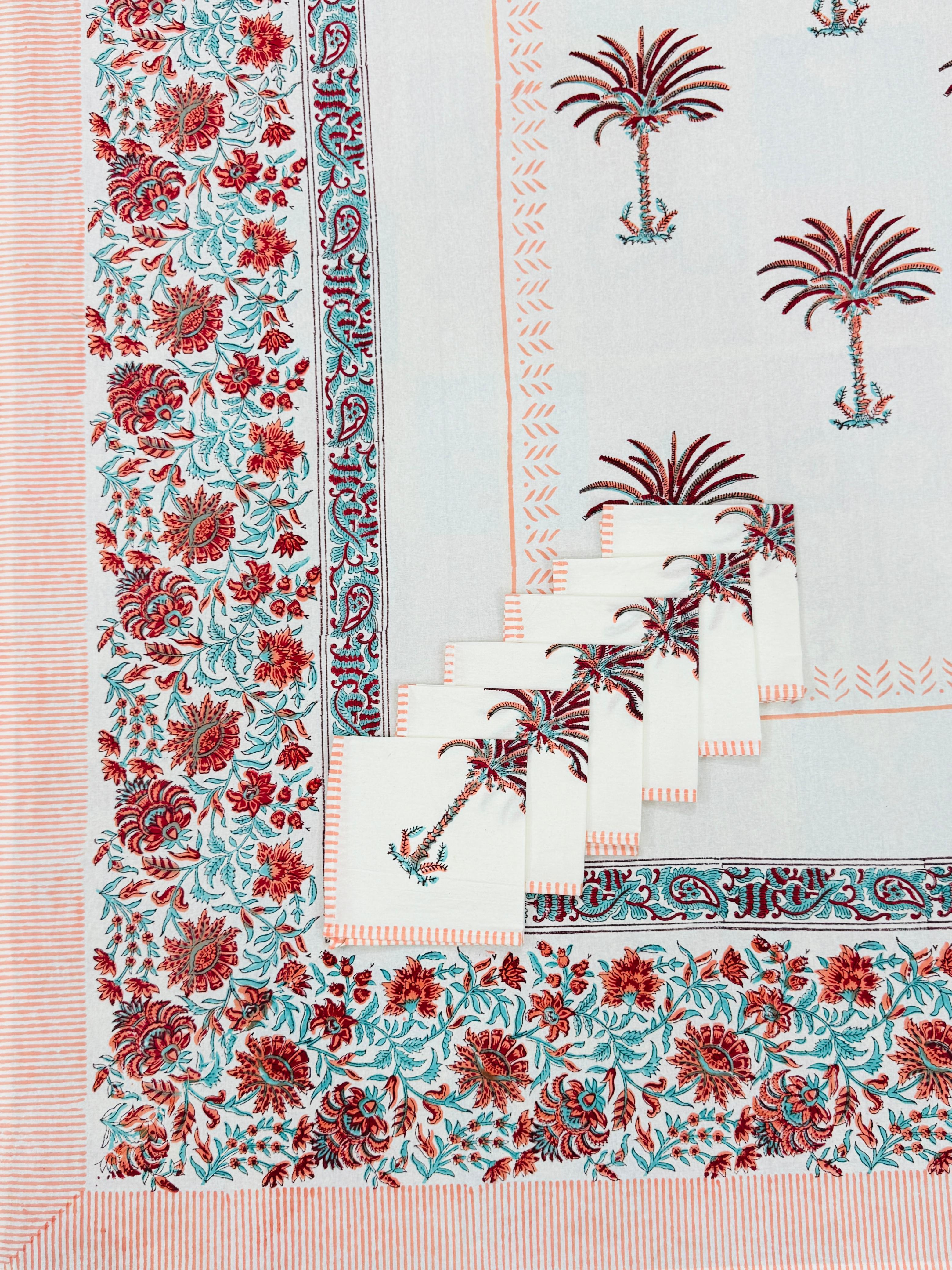 Pure cotton hand-block printed dining table covers with 6 napkins (for 6 seater tables)