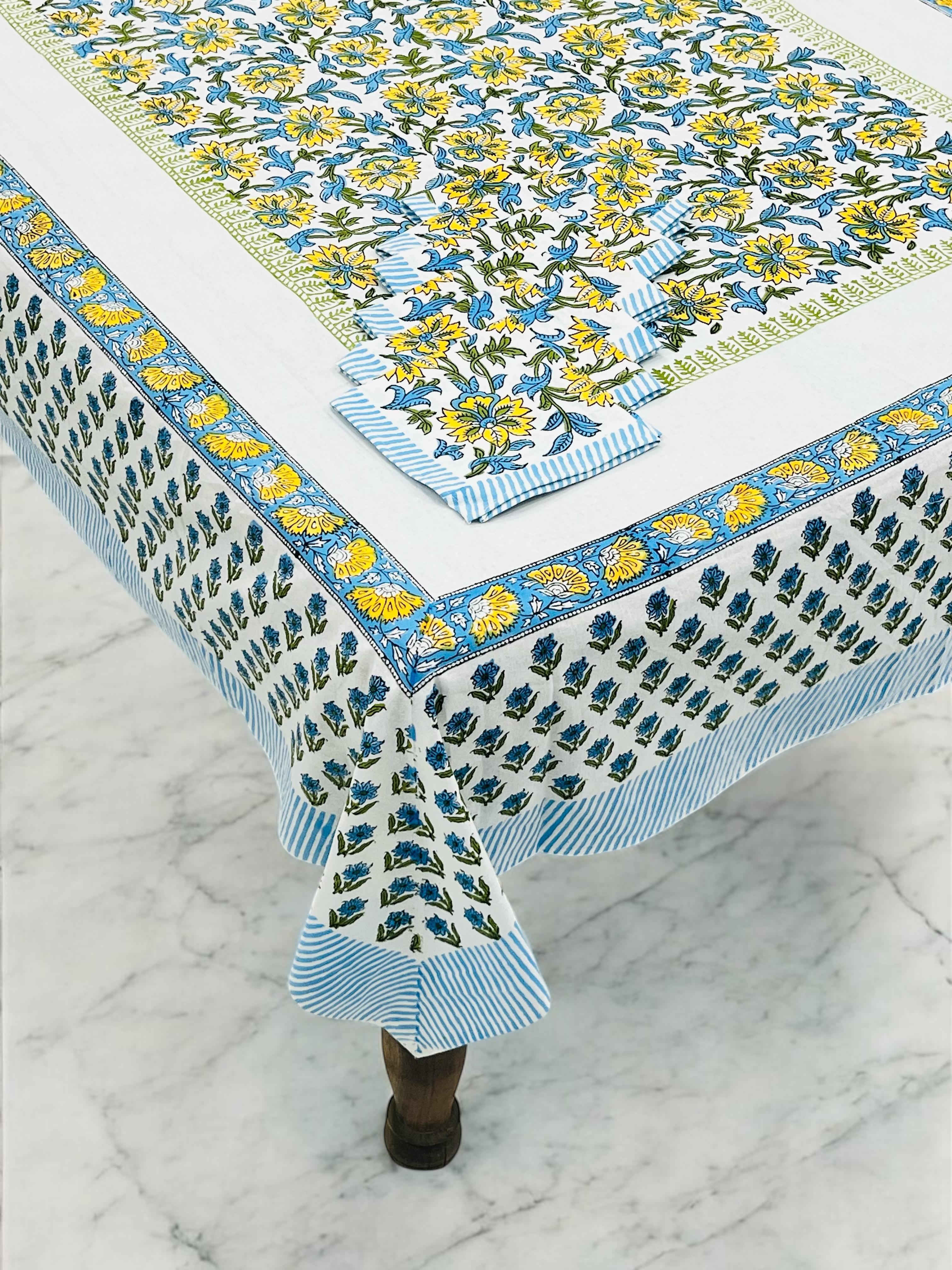 Pure cotton hand-block printed dining table covers with 6 napkins (for 6 seater tables)