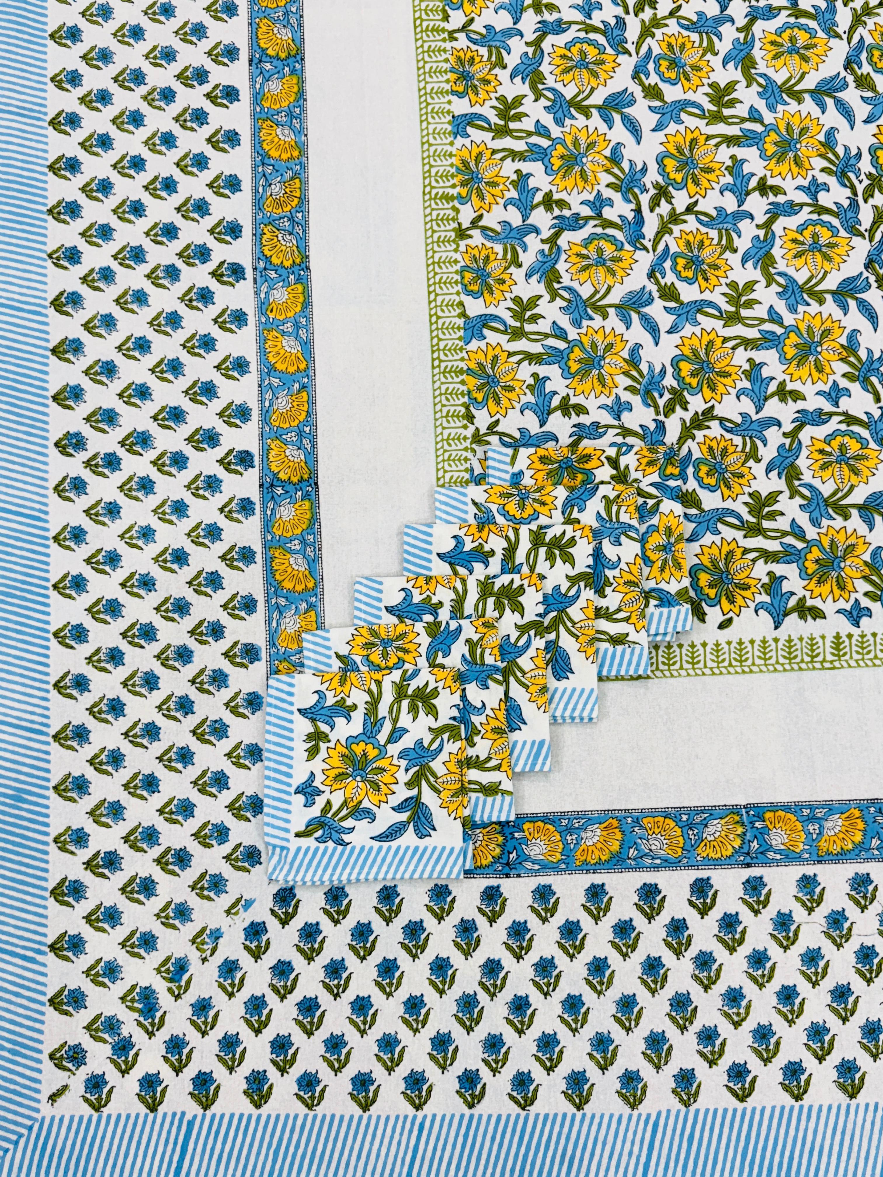Pure cotton hand-block printed dining table covers with 6 napkins (for 6 seater tables)