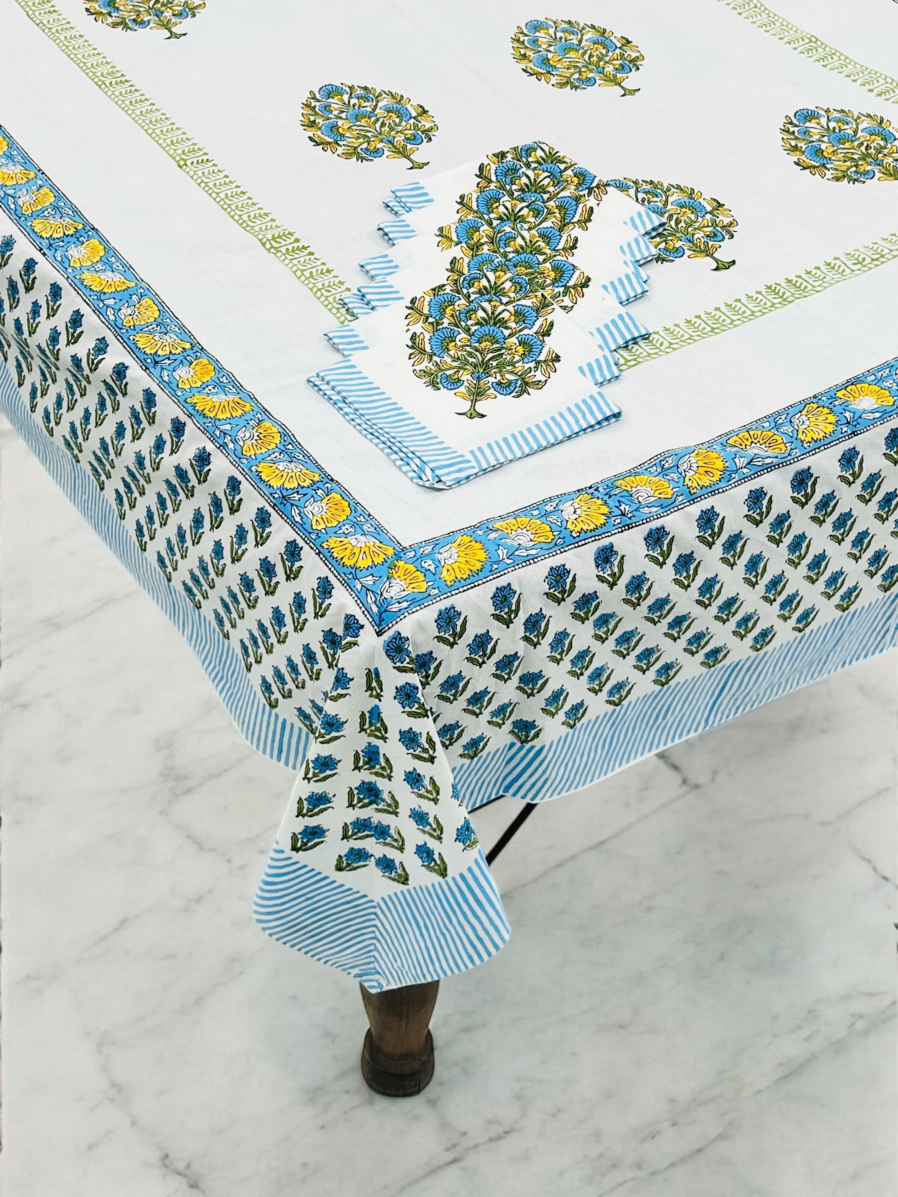 Pure cotton hand-block printed dining table covers with 6 napkins (for 6 seater tables)