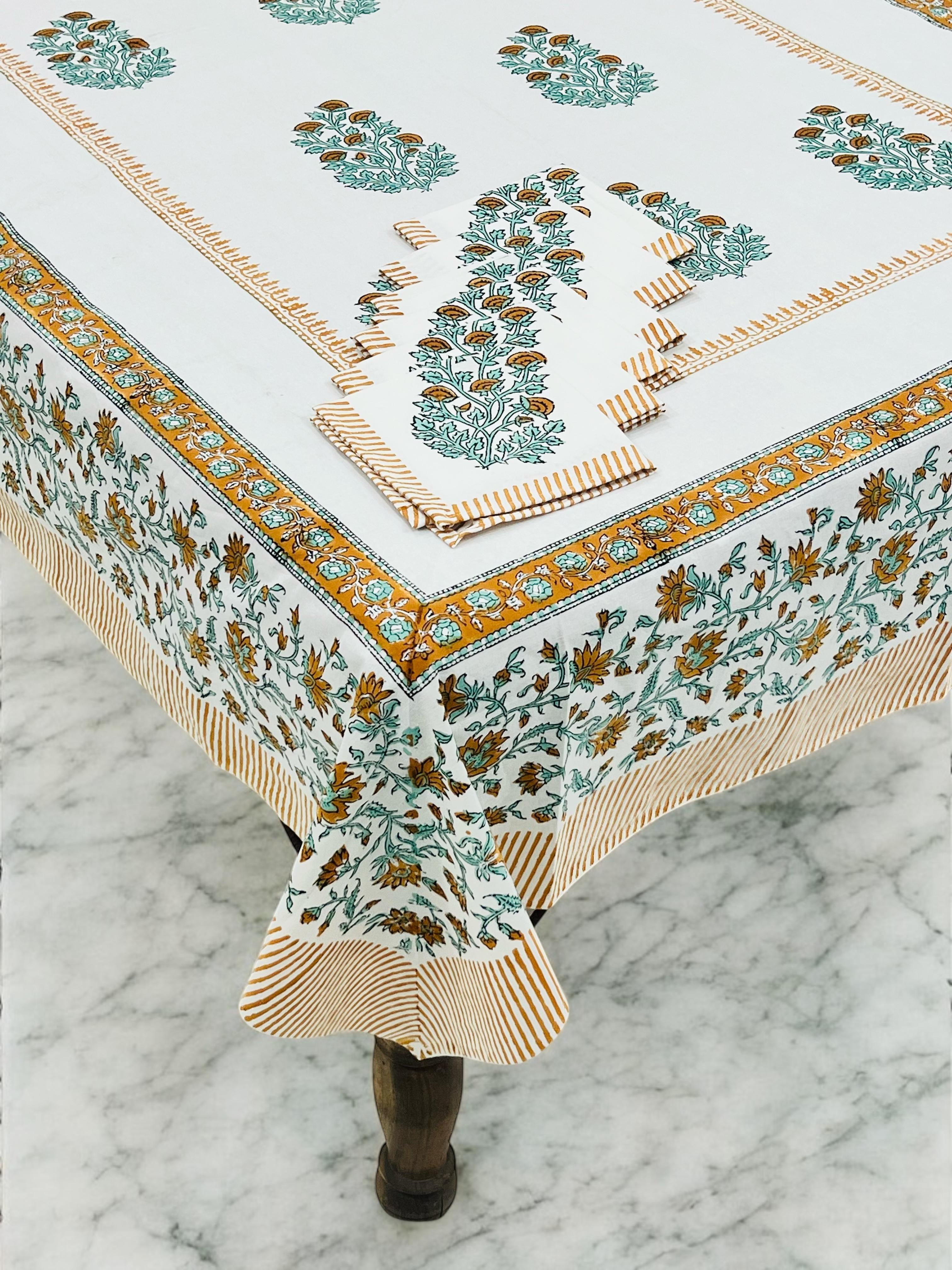 Pure cotton hand-block printed dining table covers with 6 napkins (for 6 seater tables)