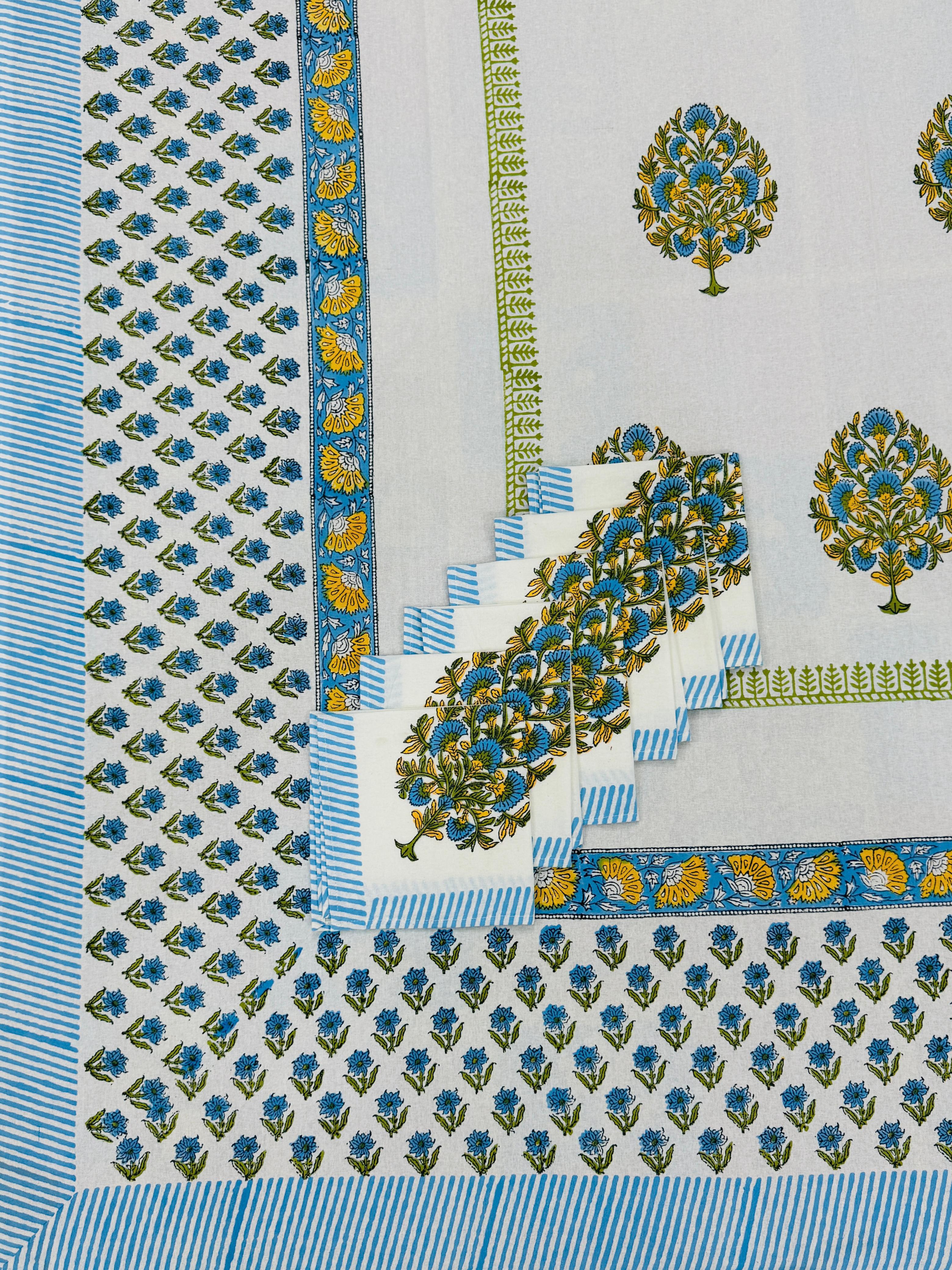 Pure cotton hand-block printed dining table covers with 6 napkins (for 6 seater tables)