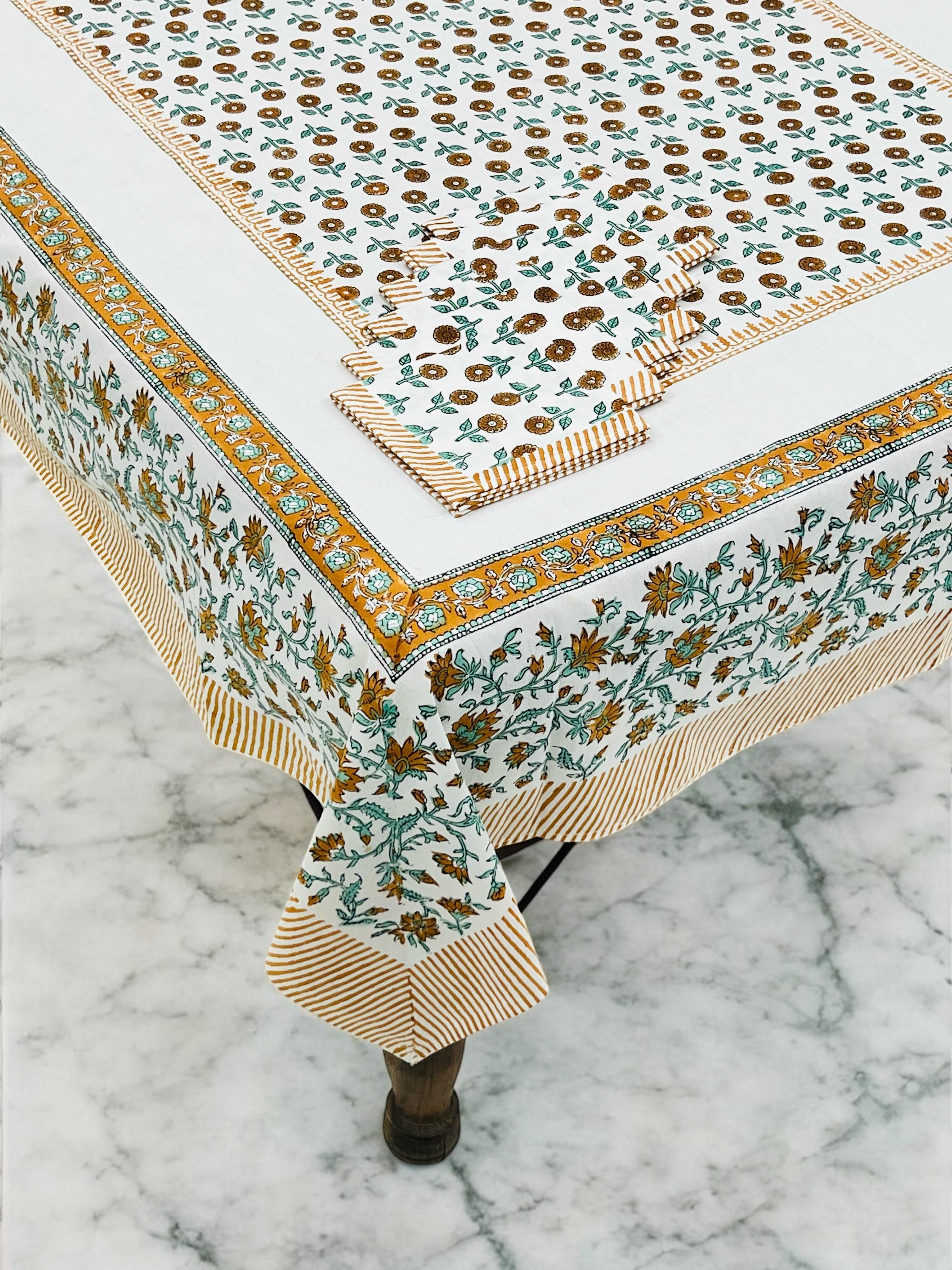 Pure cotton hand-block printed dining table covers with 6 napkins (for 6 seater tables)