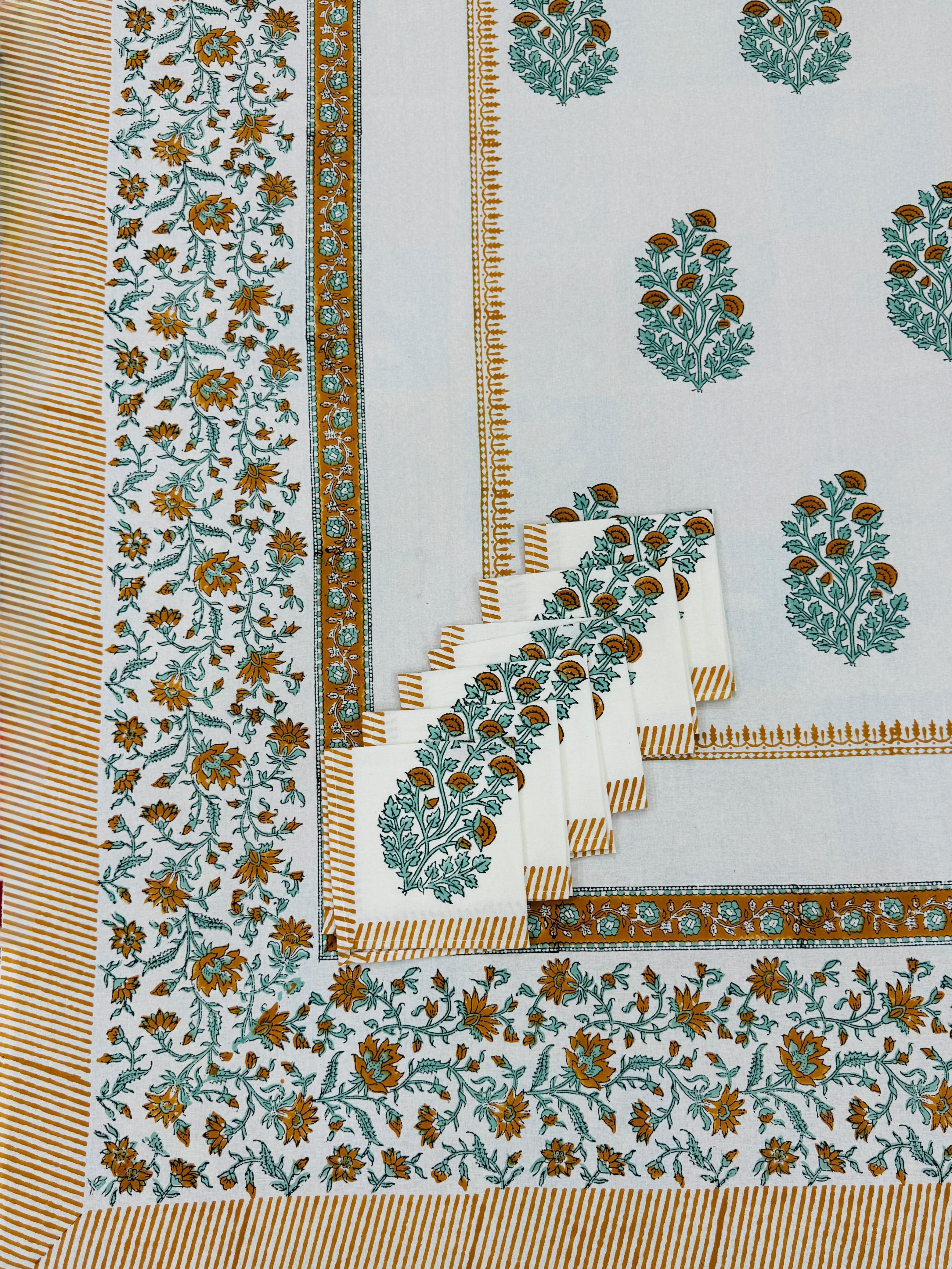 Pure cotton hand-block printed dining table covers with 6 napkins (for 6 seater tables)
