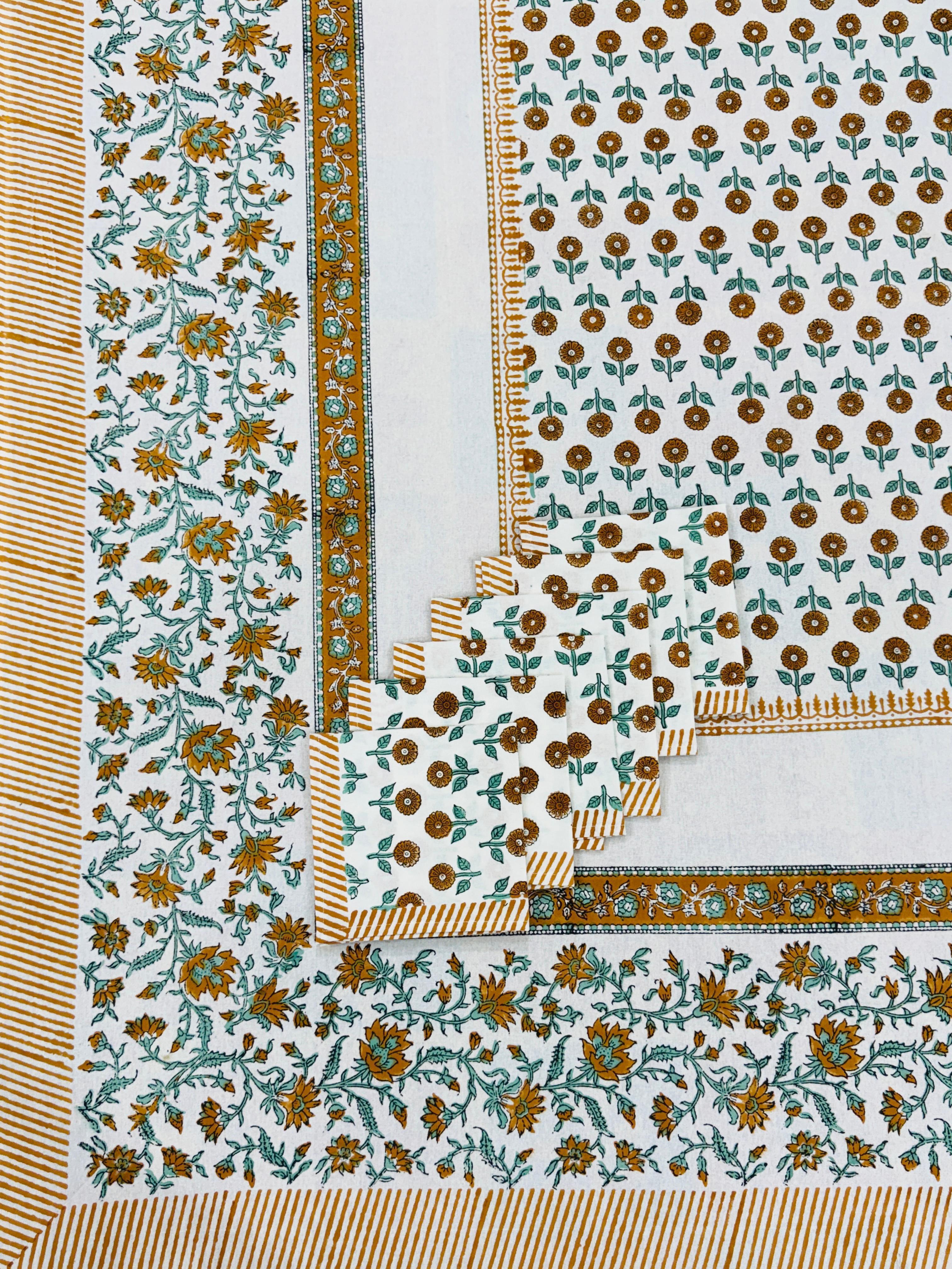 Pure cotton hand-block printed dining table covers with 6 napkins (for 6 seater tables)