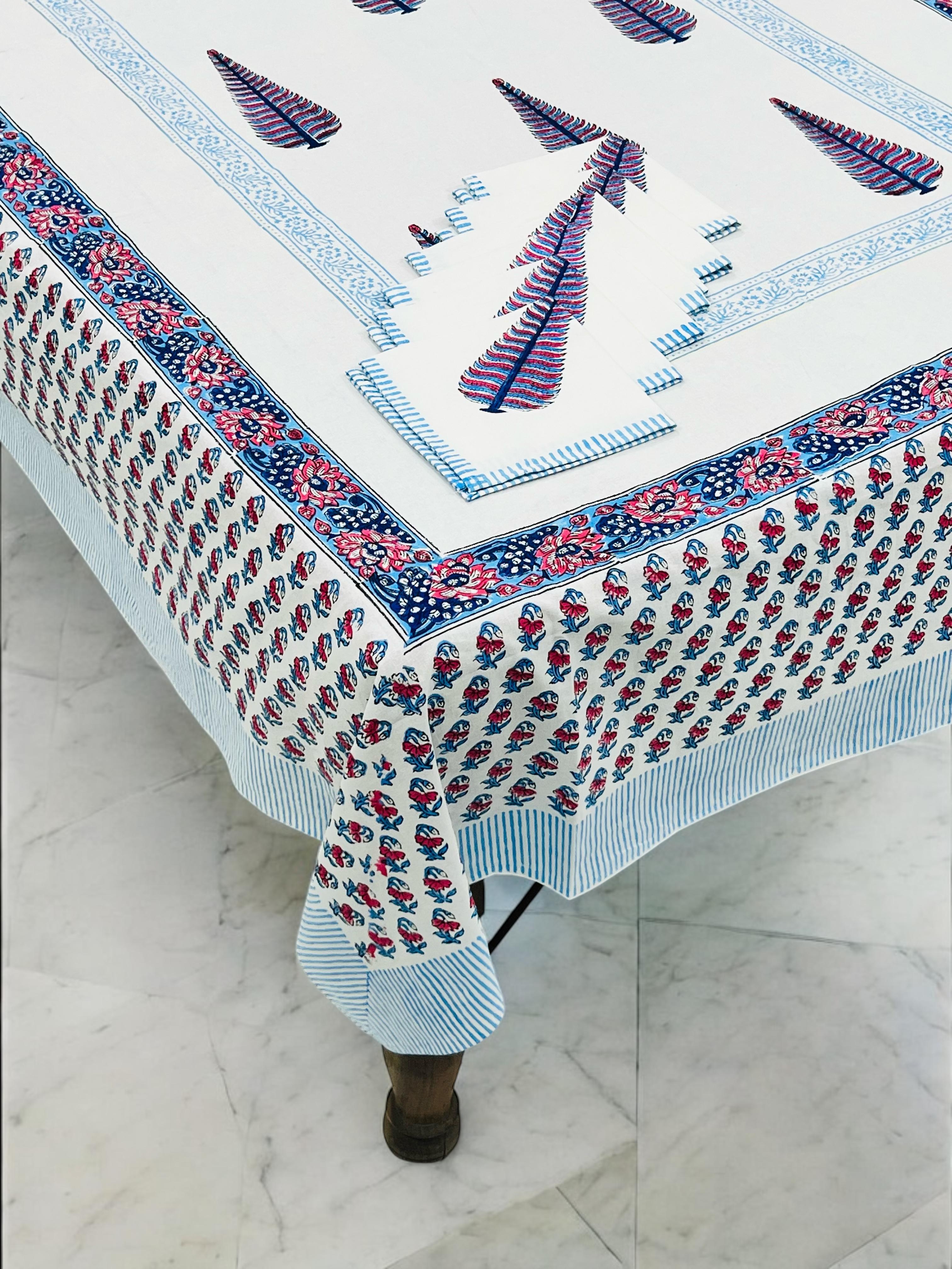 Pure cotton hand-block printed dining table covers with 6 napkins (for 6 seater tables)