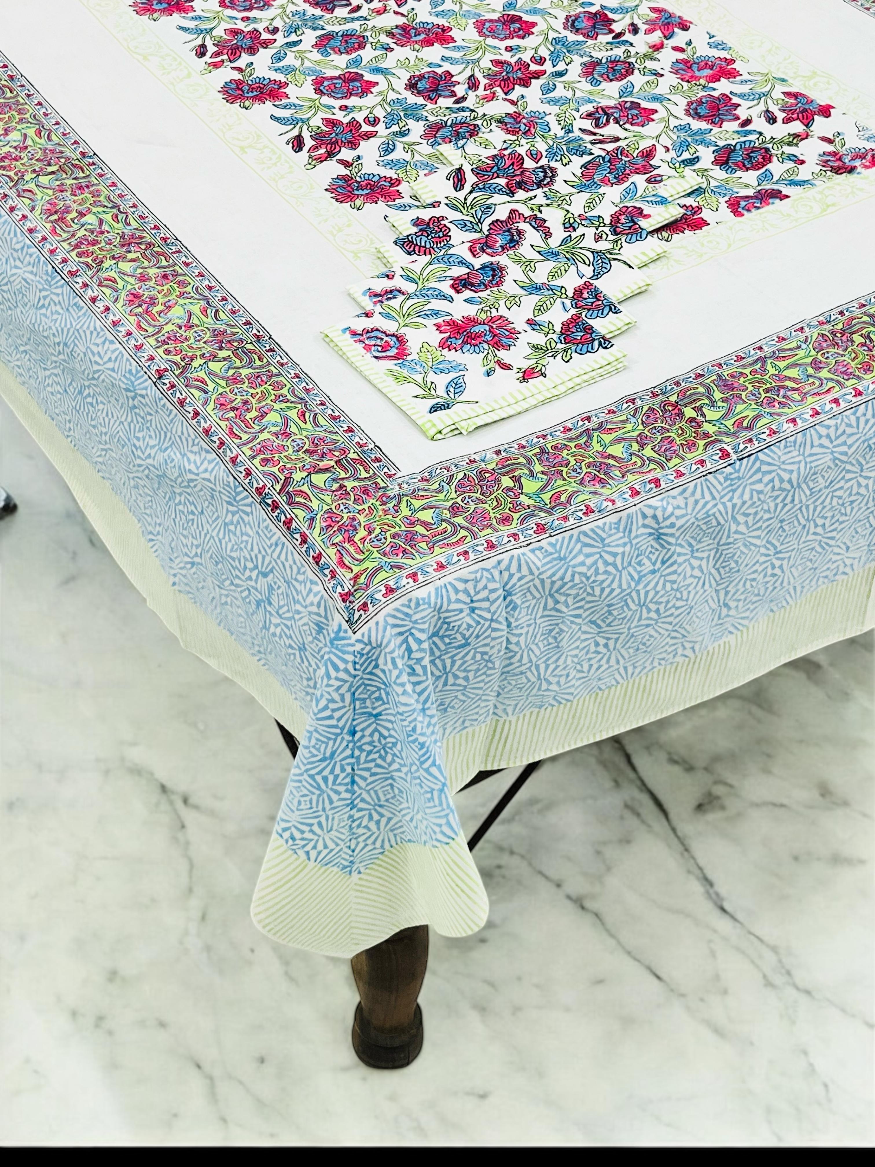 Pure cotton hand-block printed dining table covers with 6 napkins (for 6 seater tables)