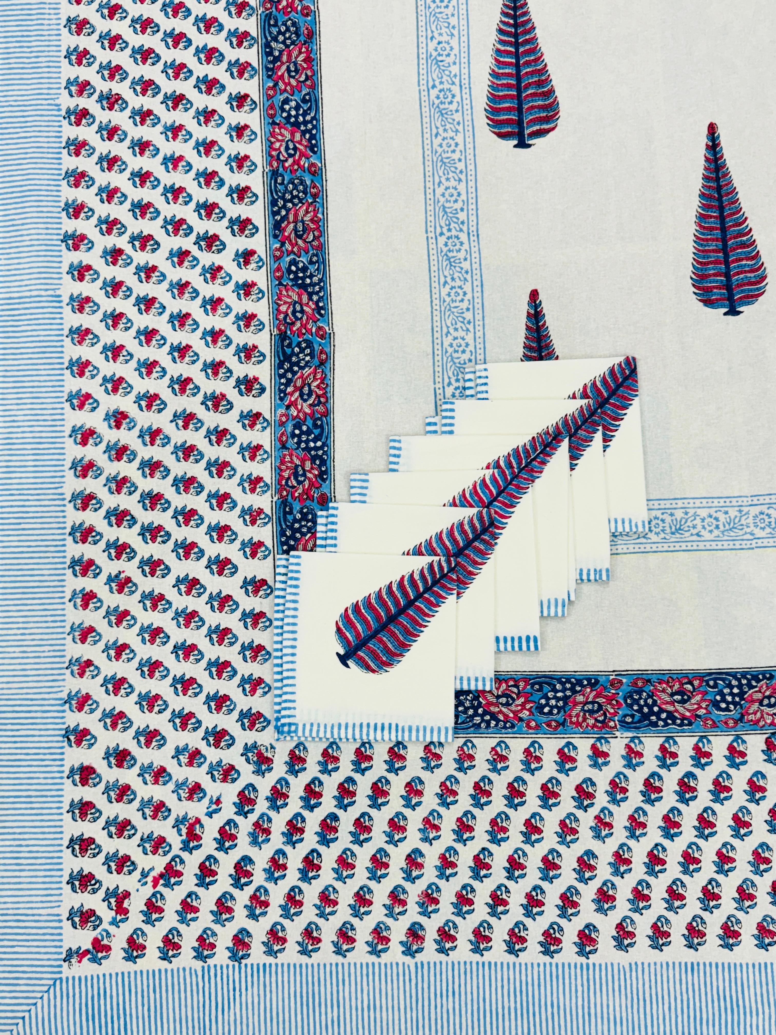 Pure cotton hand-block printed dining table covers with 6 napkins (for 6 seater tables)