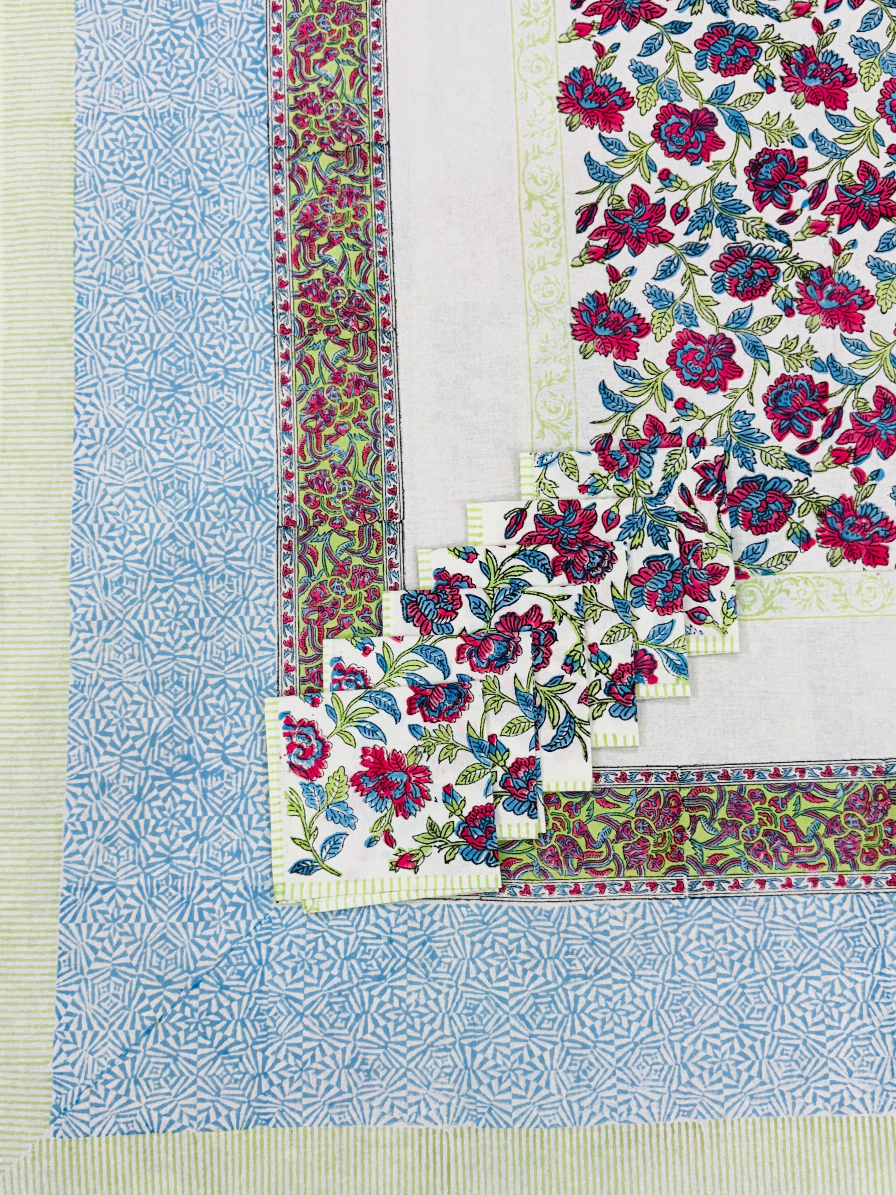 Pure cotton hand-block printed dining table covers with 6 napkins (for 6 seater tables)