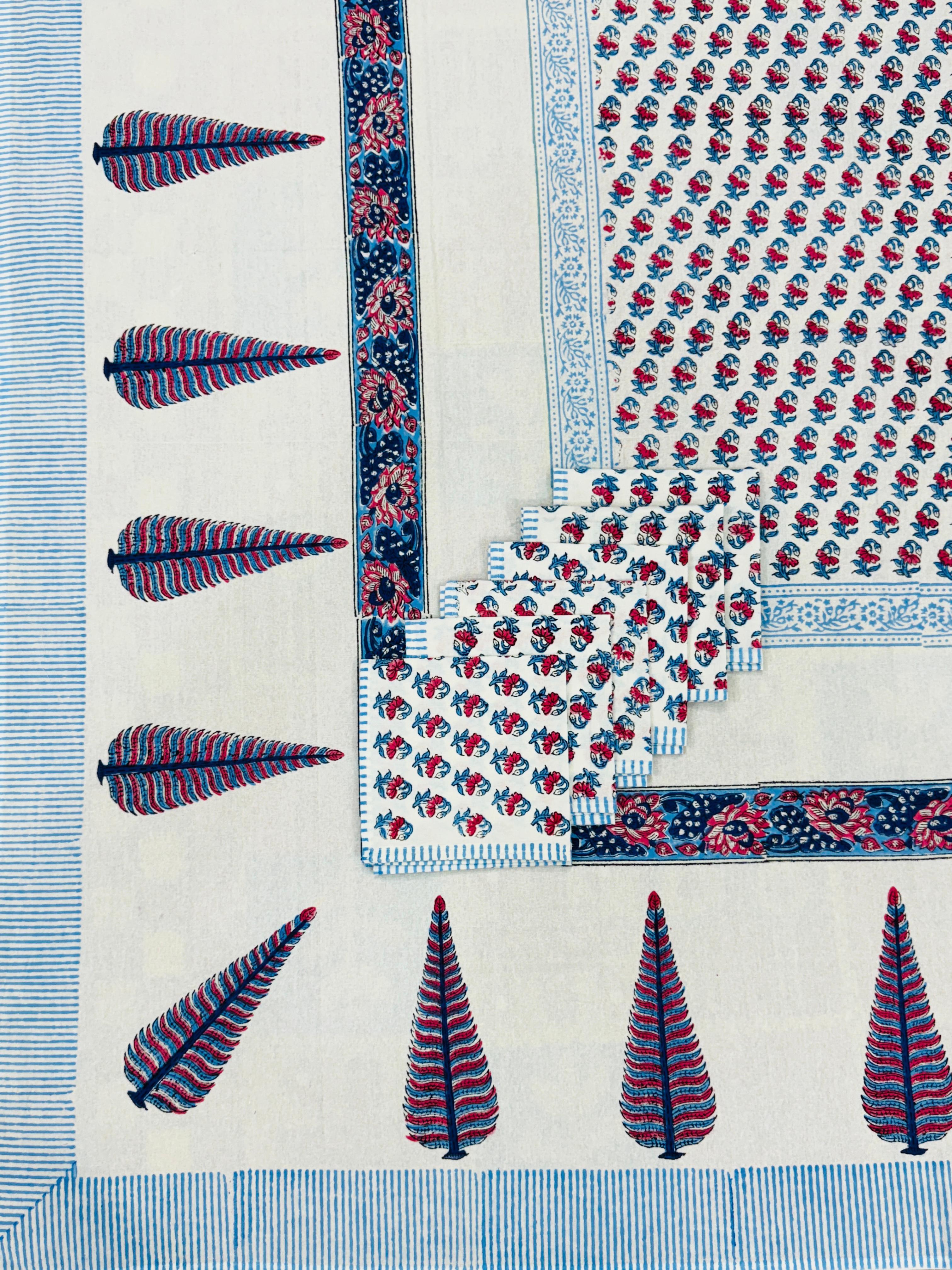Pure cotton hand-block printed dining table covers with 6 napkins (for 6 seater tables)