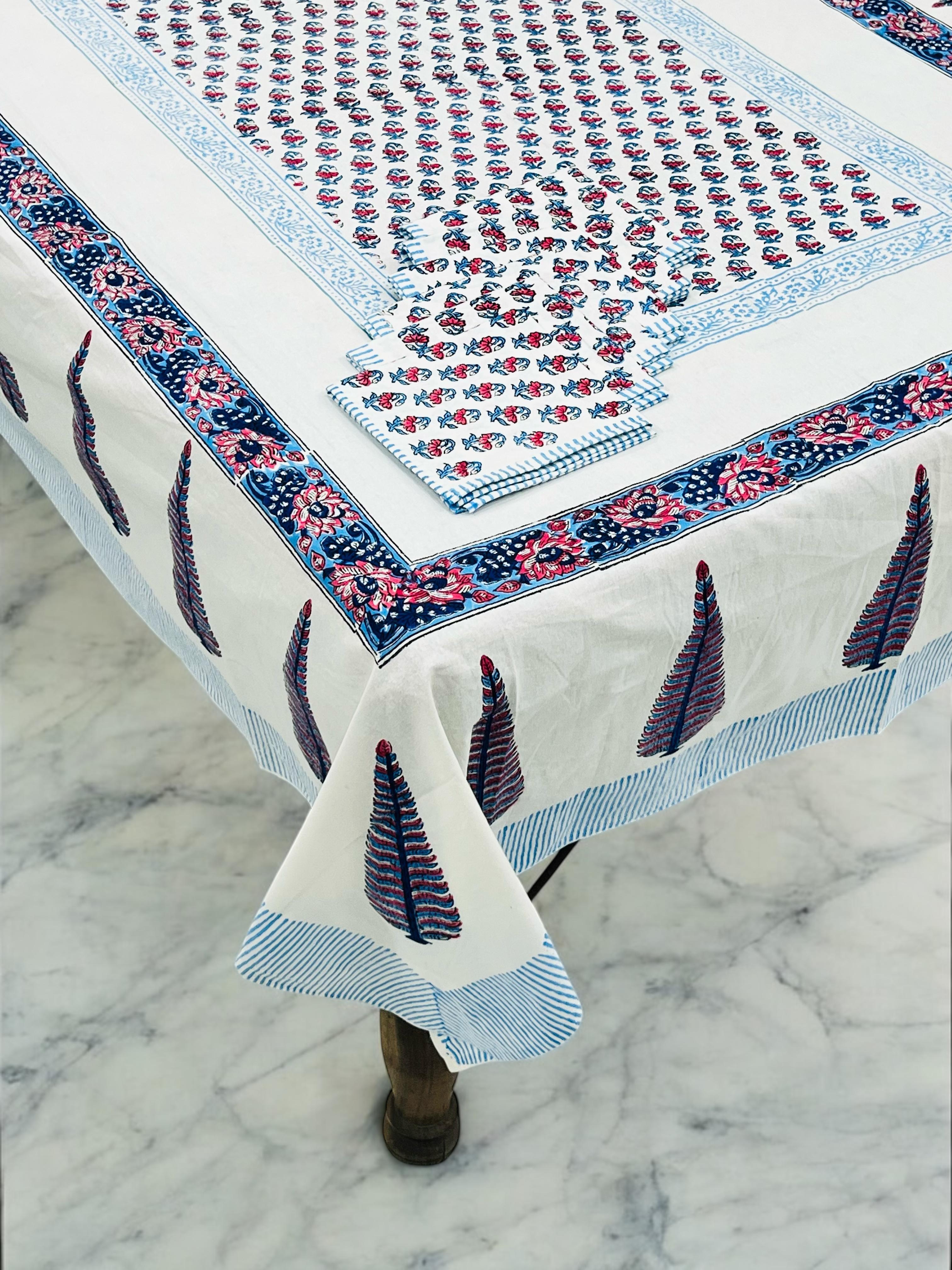 Pure cotton hand-block printed dining table covers with 6 napkins (for 6 seater tables)