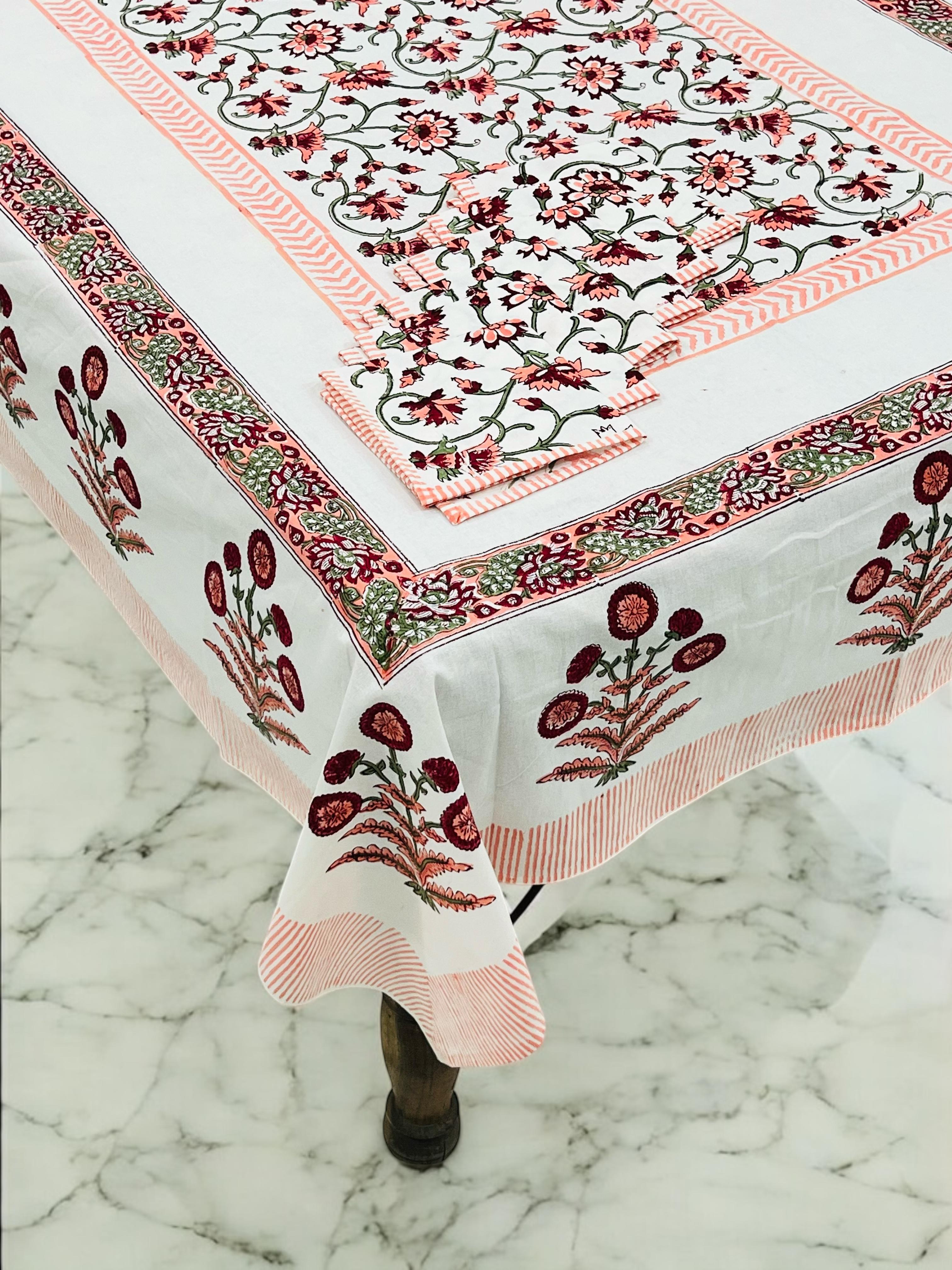 Pure cotton hand-block printed dining table covers with 6 napkins (for 6 seater tables)