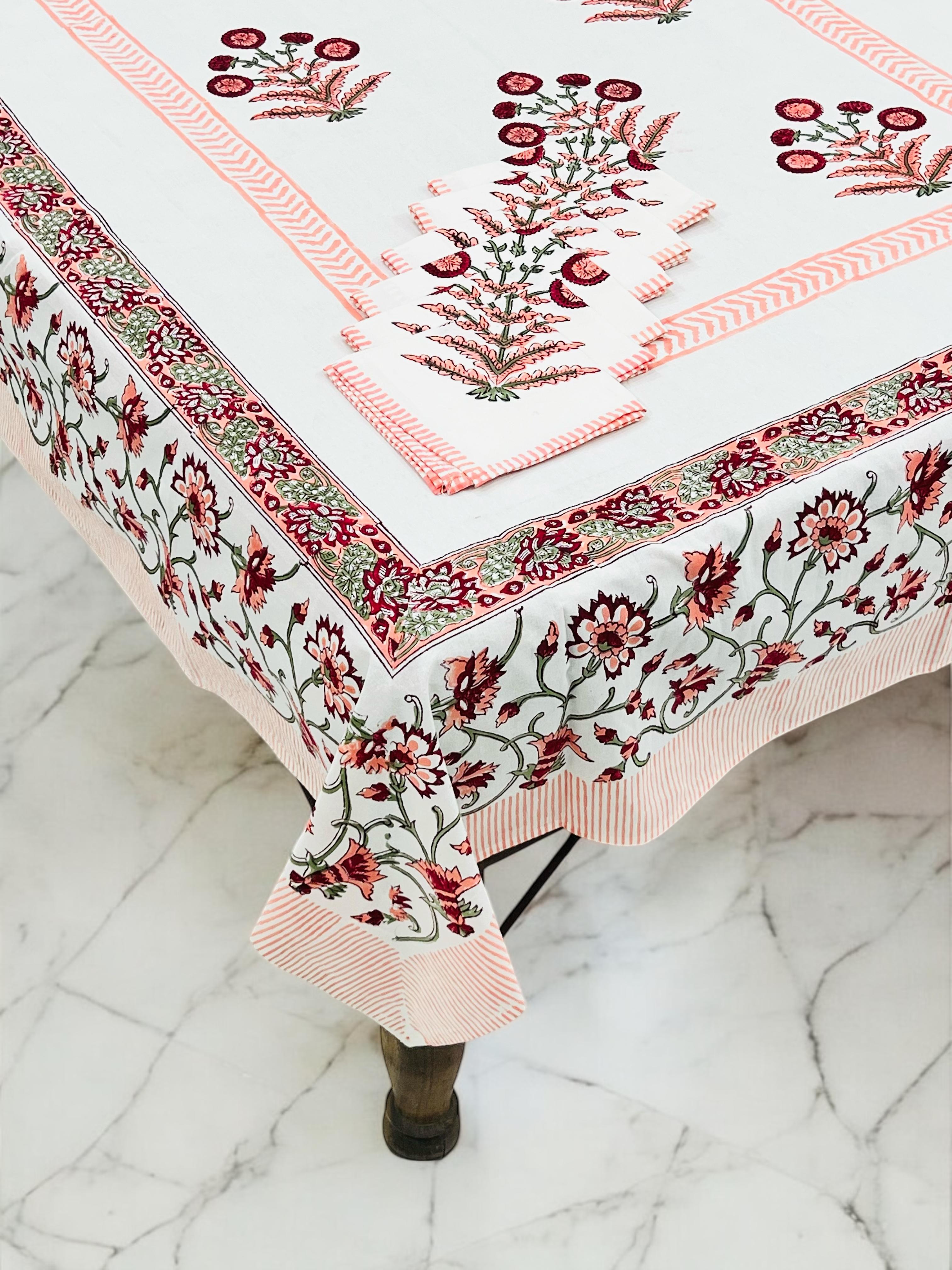 Pure cotton hand-block printed dining table covers with 6 napkins (for 6 seater tables)
