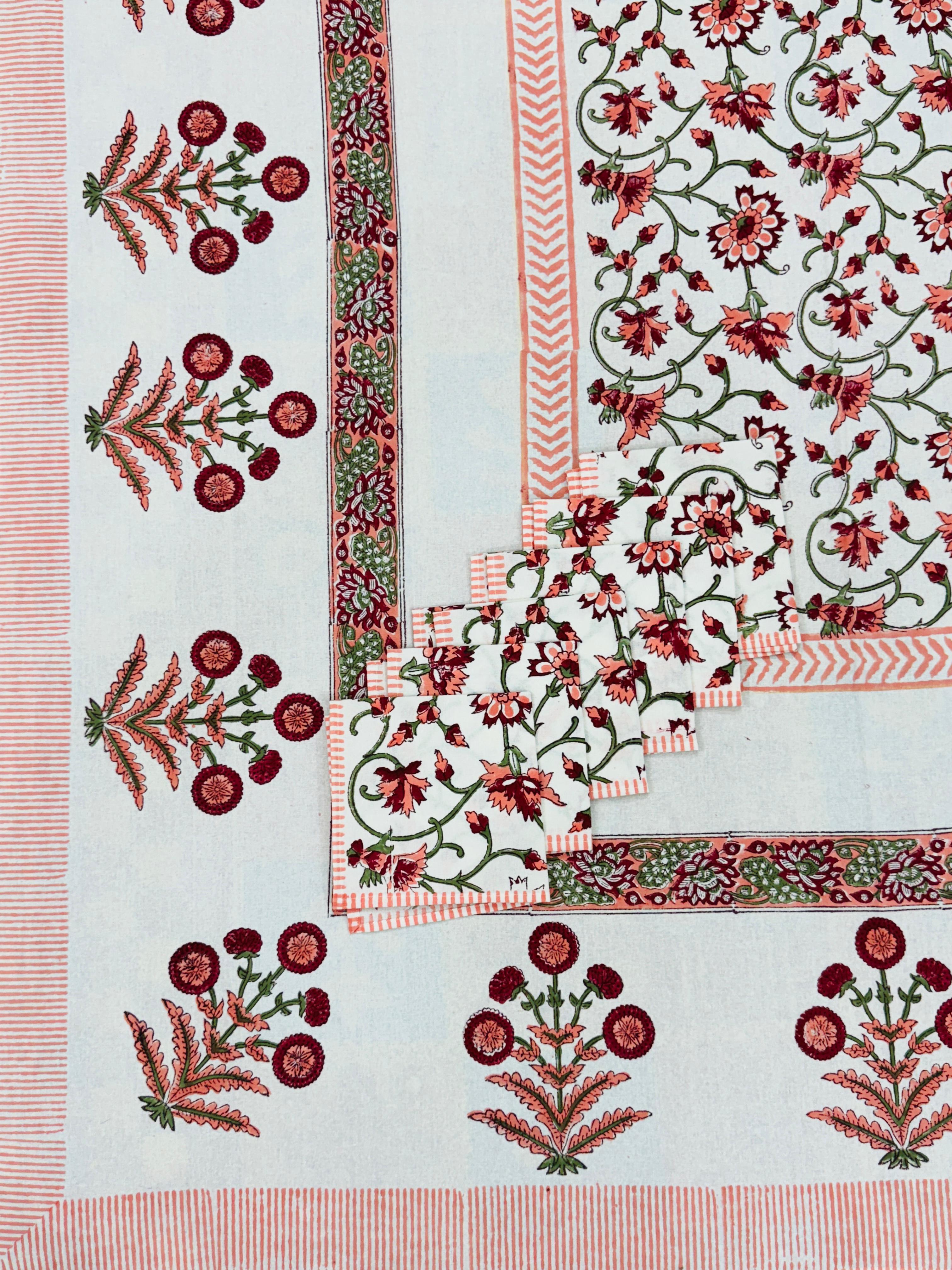 Pure cotton hand-block printed dining table covers with 6 napkins (for 6 seater tables)