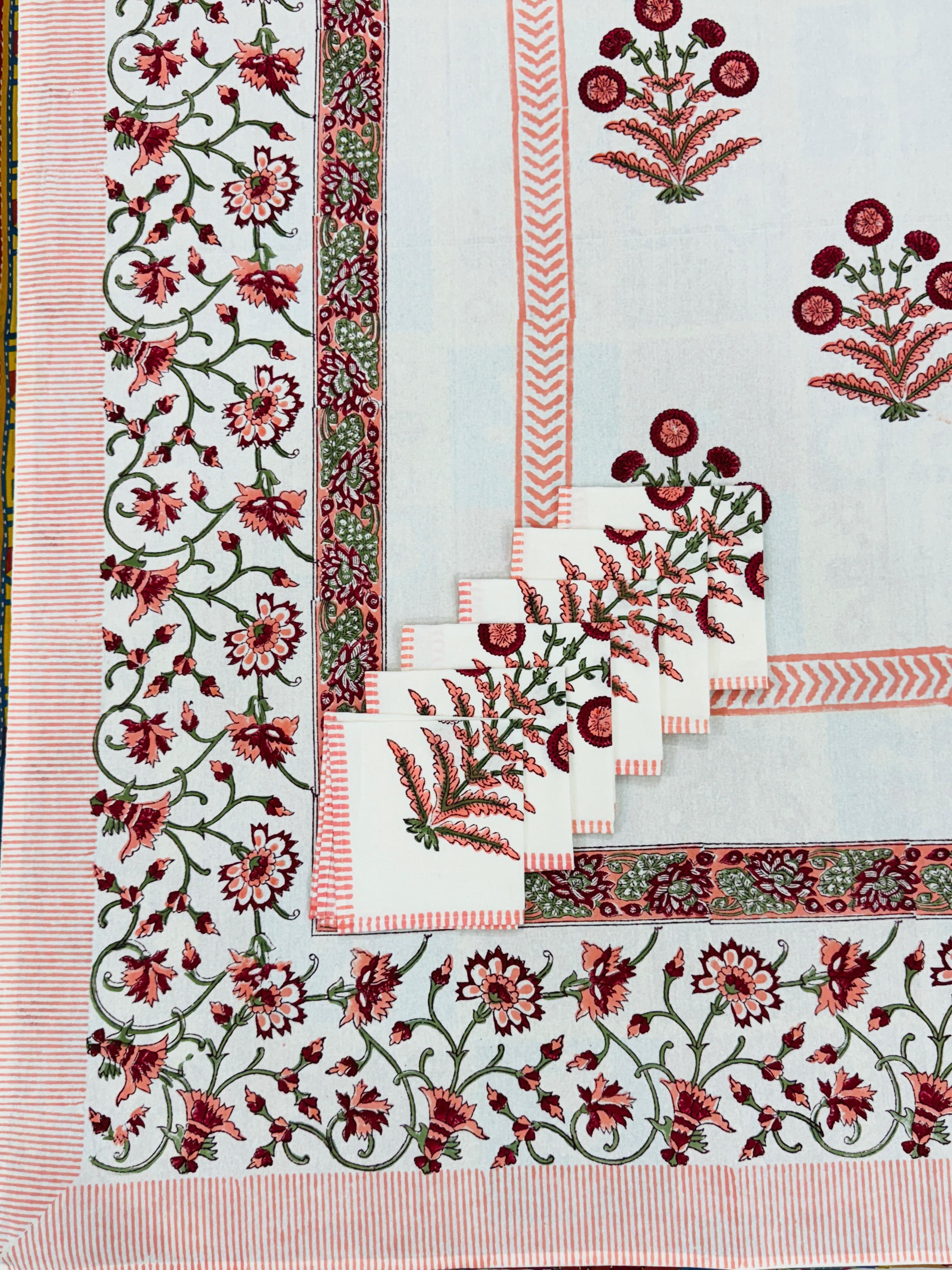 Pure cotton hand-block printed dining table covers with 6 napkins (for 6 seater tables)