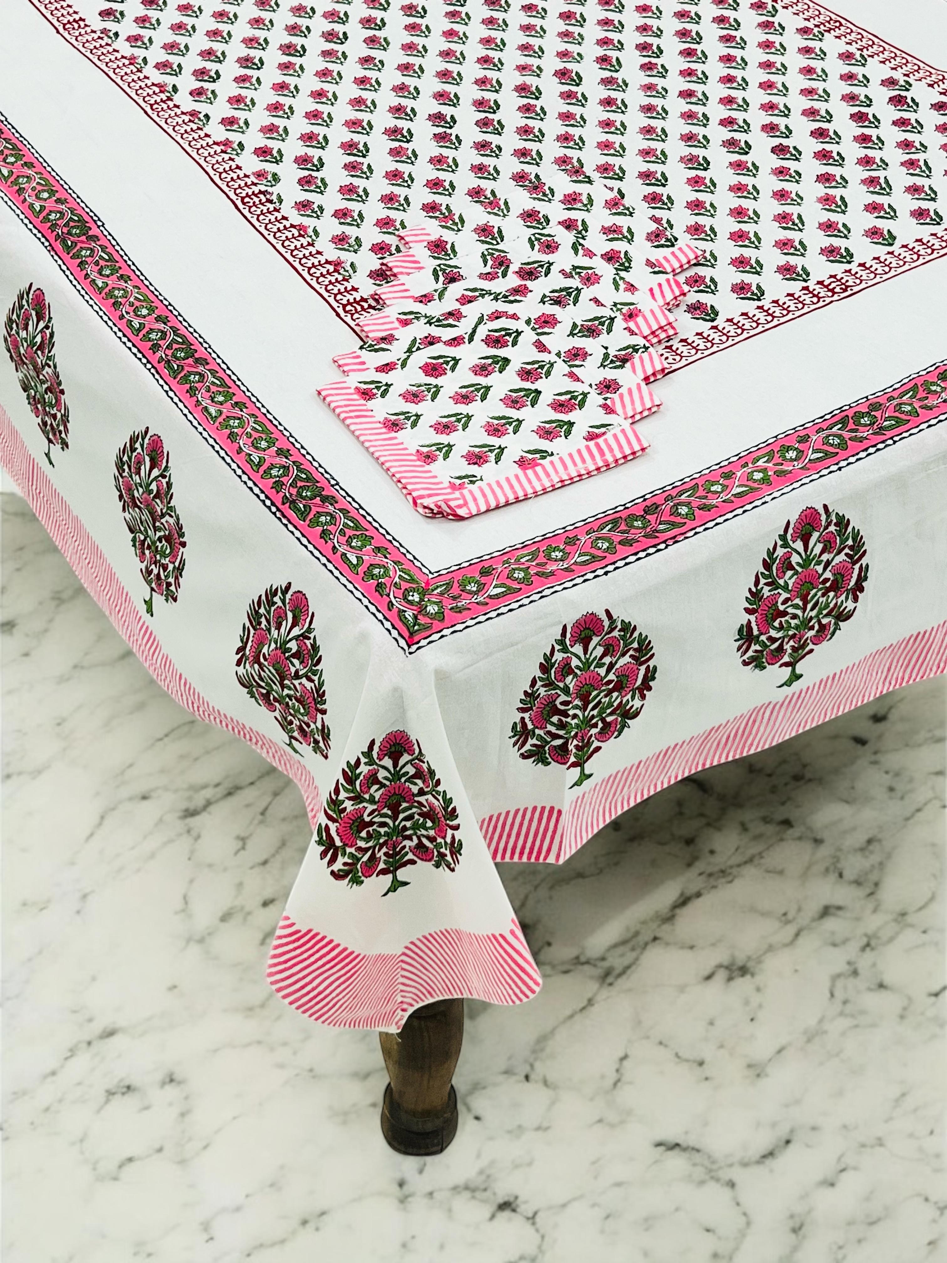 Pure cotton hand-block printed dining table covers with 6 napkins (for 6 seater tables)