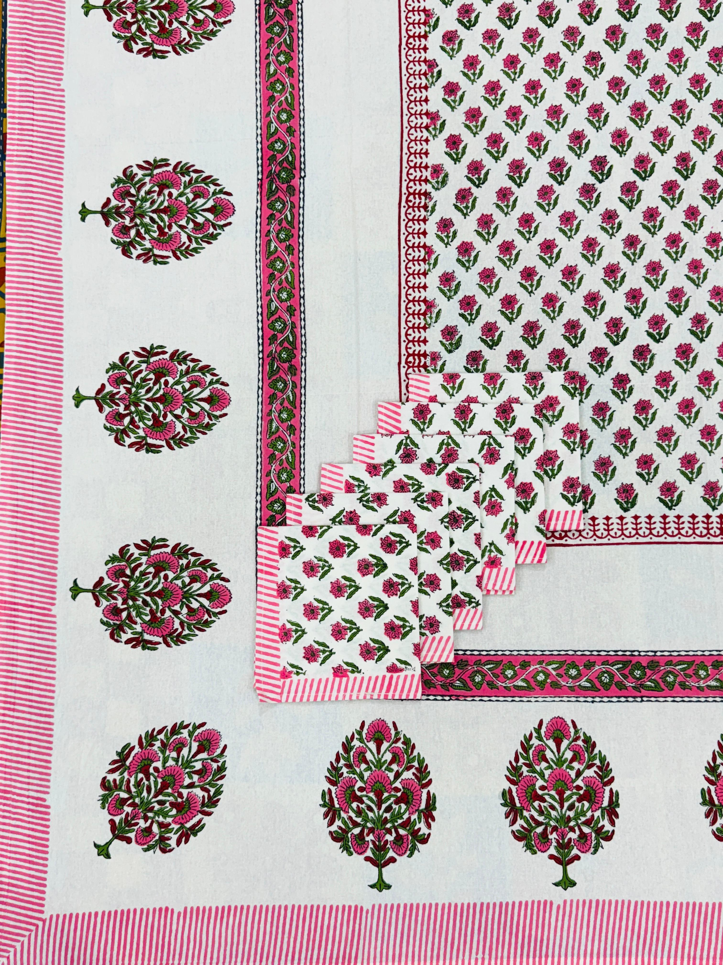 Pure cotton hand-block printed dining table covers with 6 napkins (for 6 seater tables)