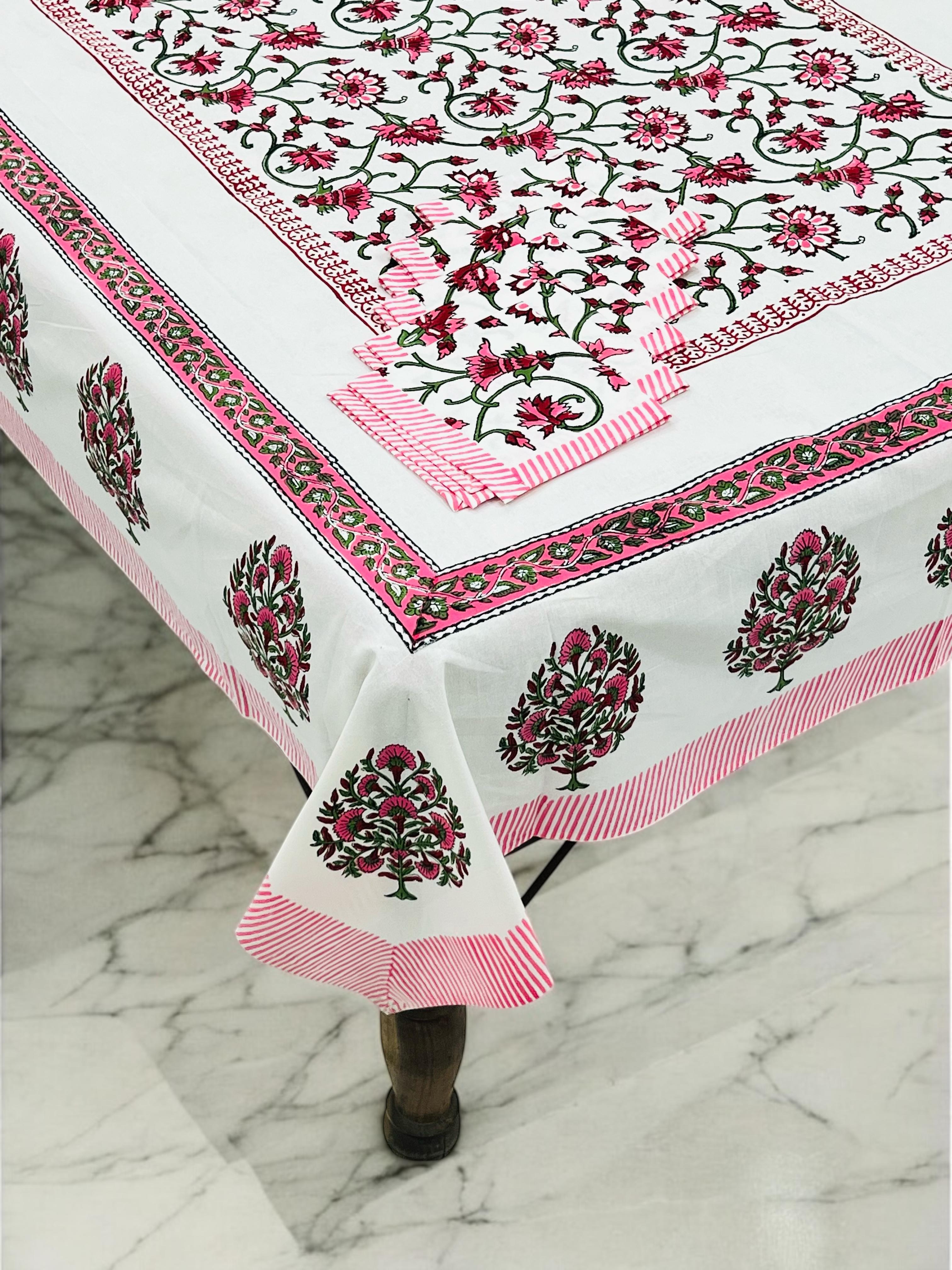 Pure cotton hand-block printed dining table covers with 6 napkins (for 6 seater tables)