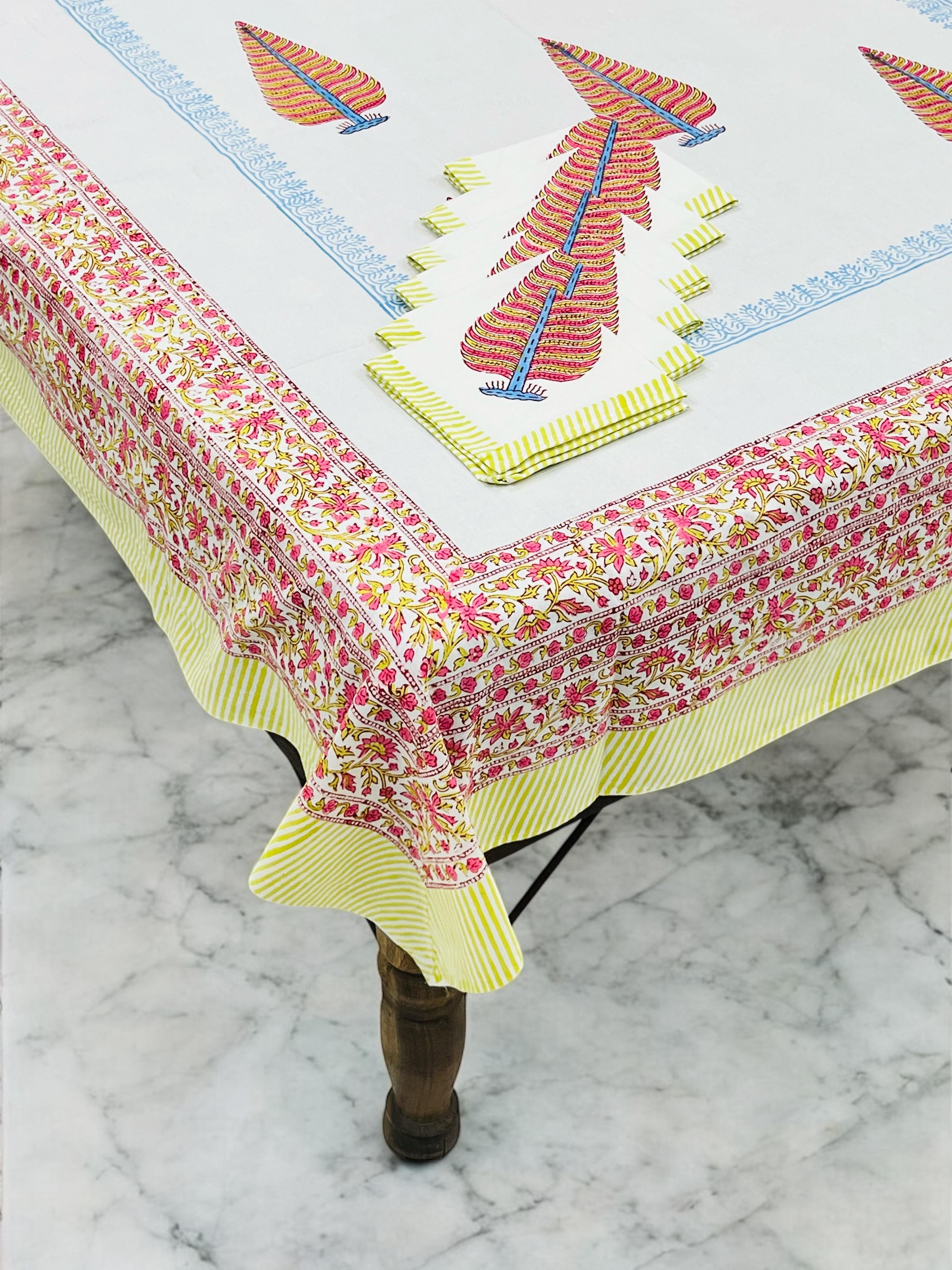 Pure cotton hand-block printed dining table covers with 6 napkins (for 6 seater tables)