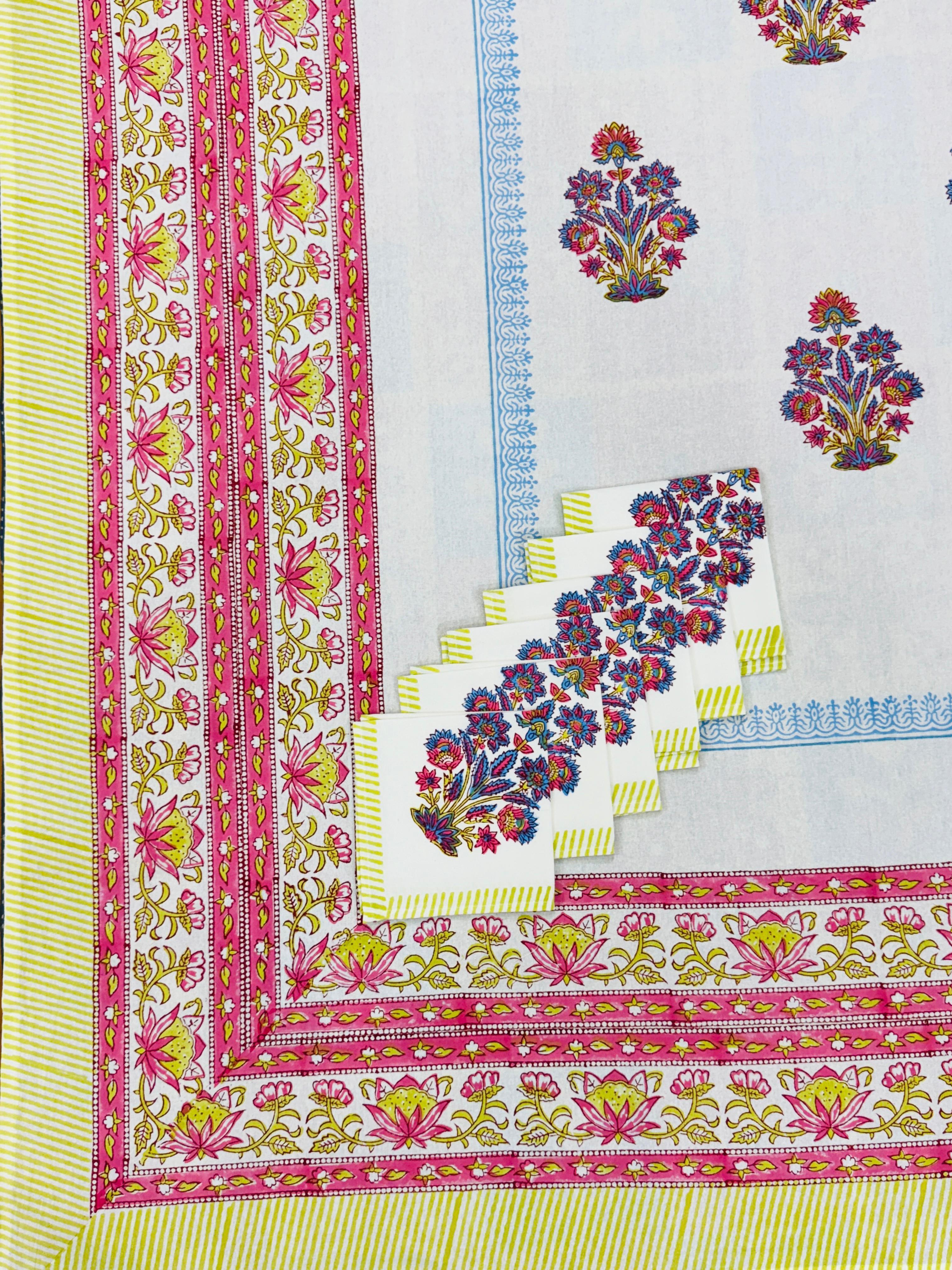 Pure cotton hand-block printed dining table covers with 6 napkins (for 6 seater tables)