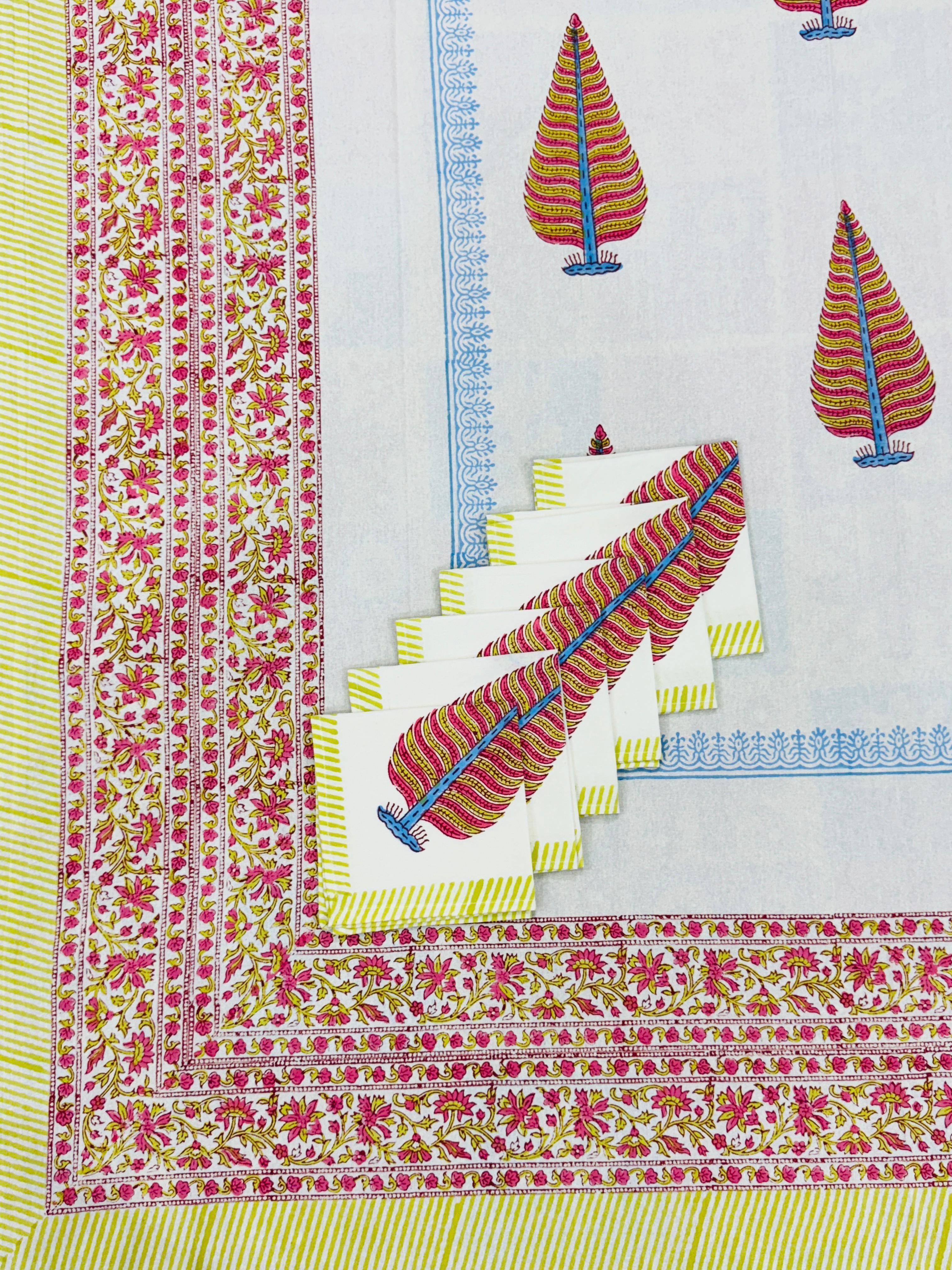 Pure cotton hand-block printed dining table covers with 6 napkins (for 6 seater tables)
