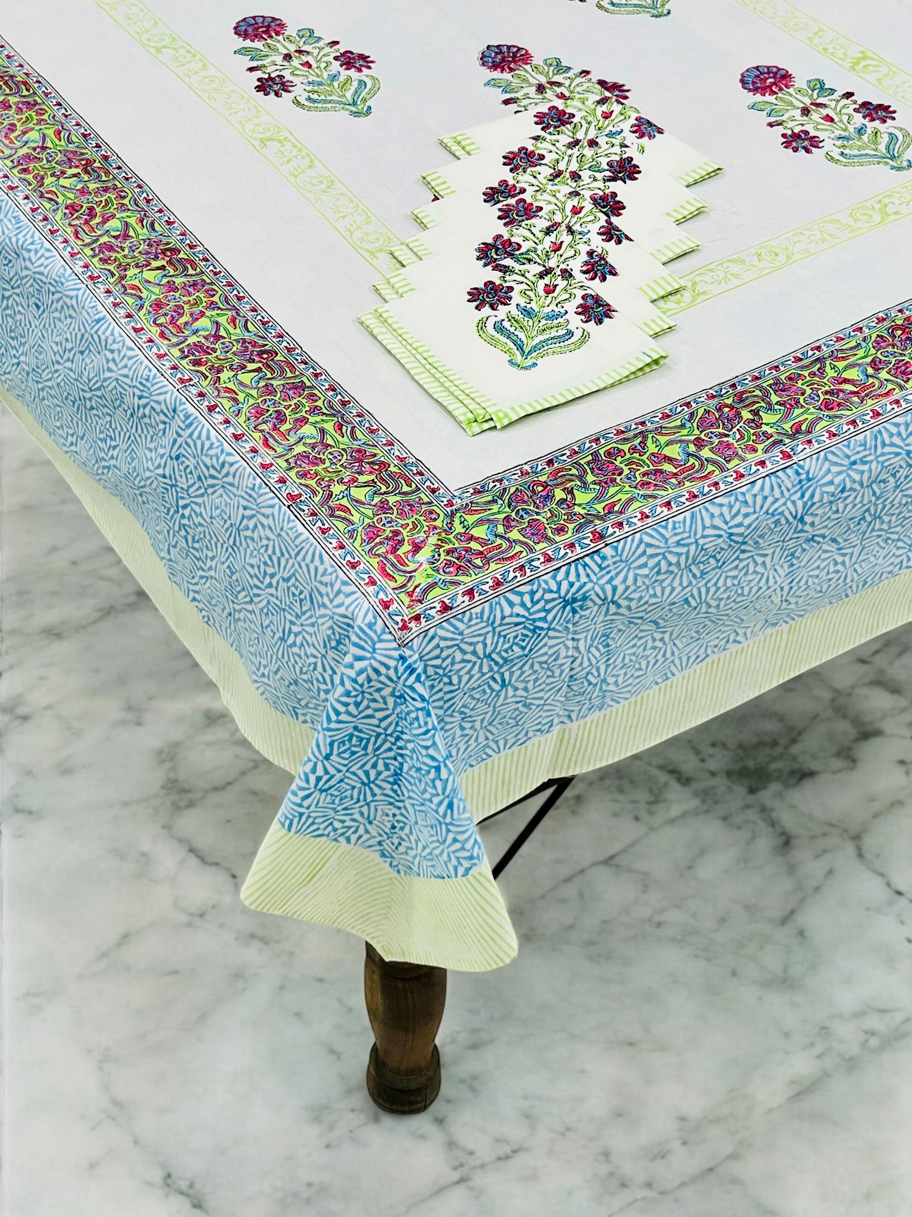 Pure cotton hand-block printed dining table covers with 6 napkins (for 6 seater tables)