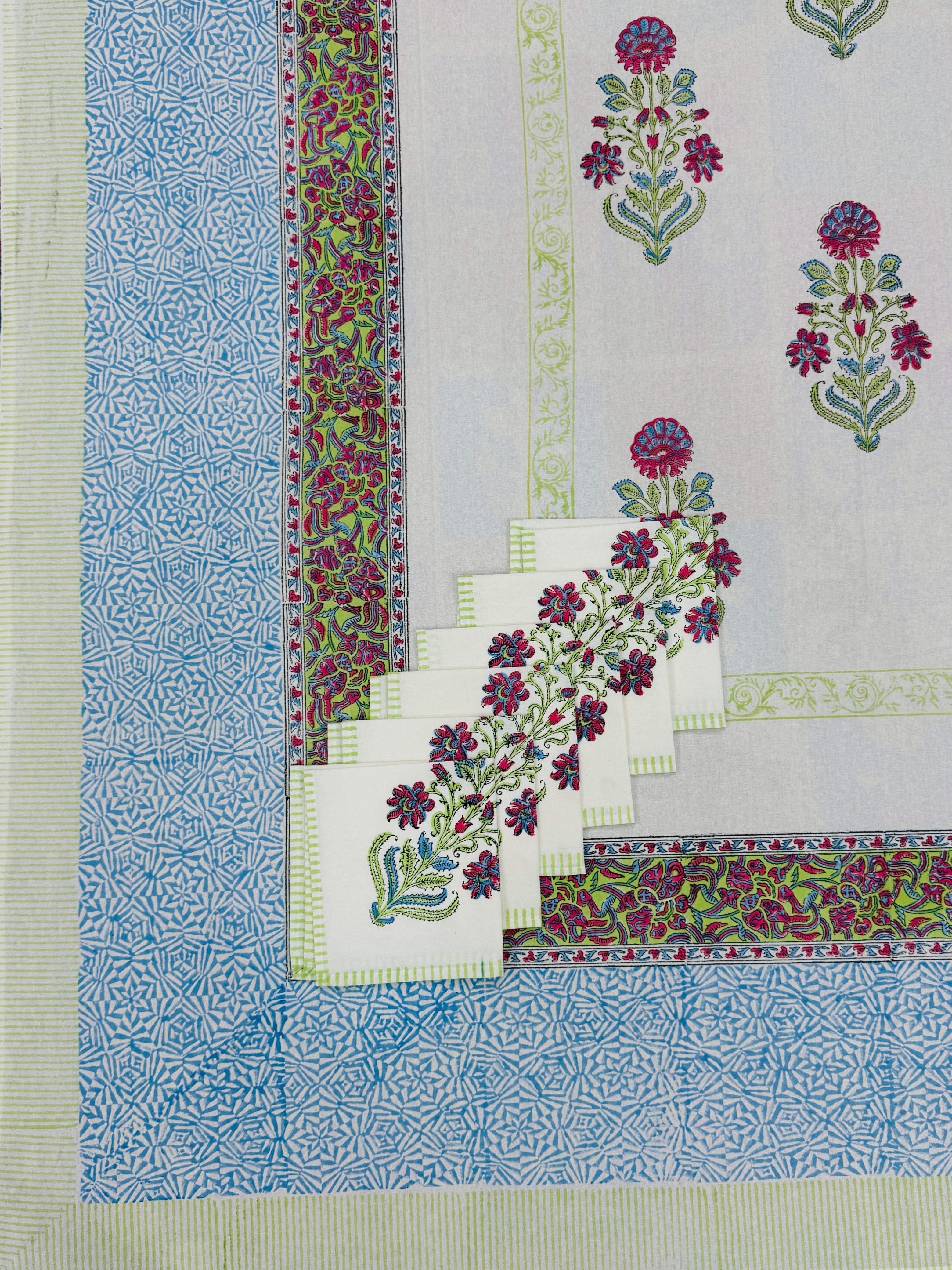Pure cotton hand-block printed dining table covers with 6 napkins (for 6 seater tables)