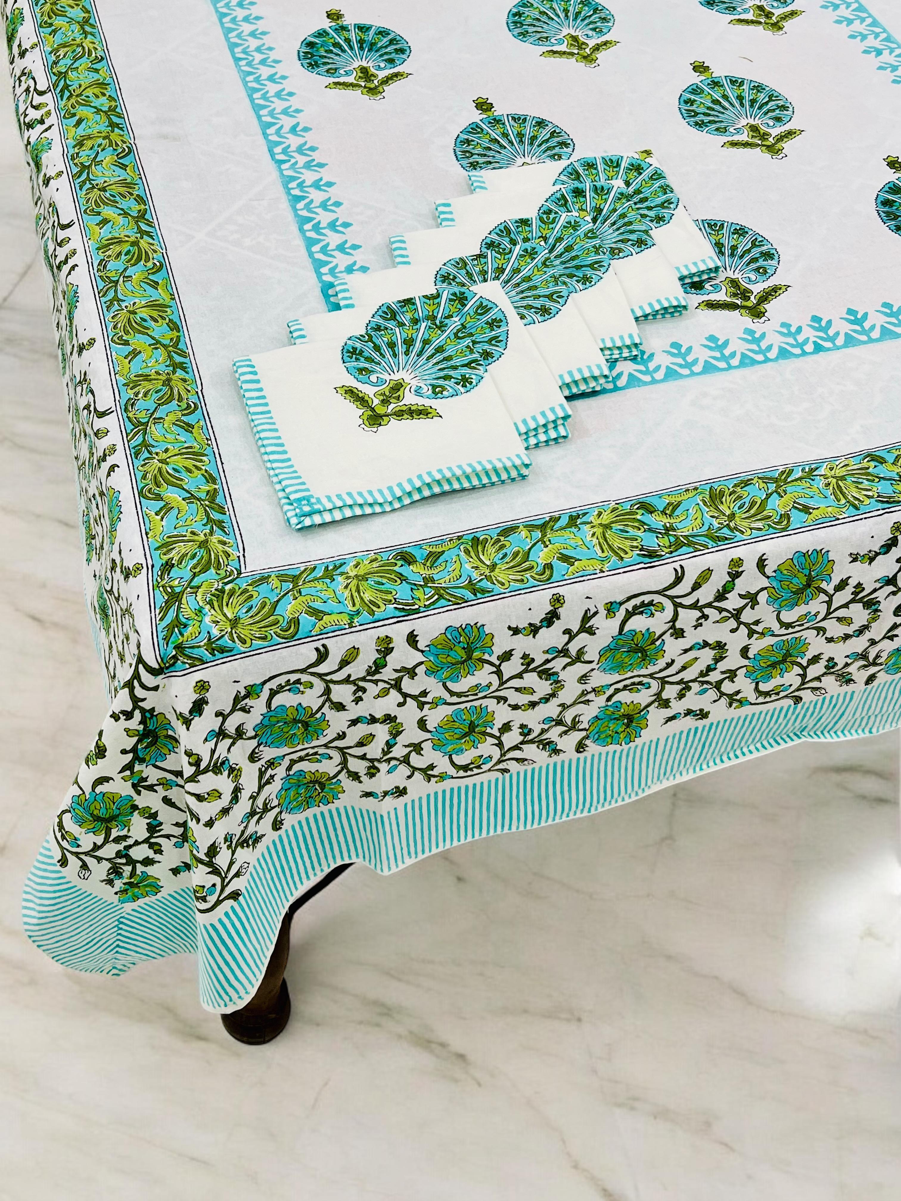 Pure cotton hand-block printed dining table covers with 6 napkins (for 6 seater tables)