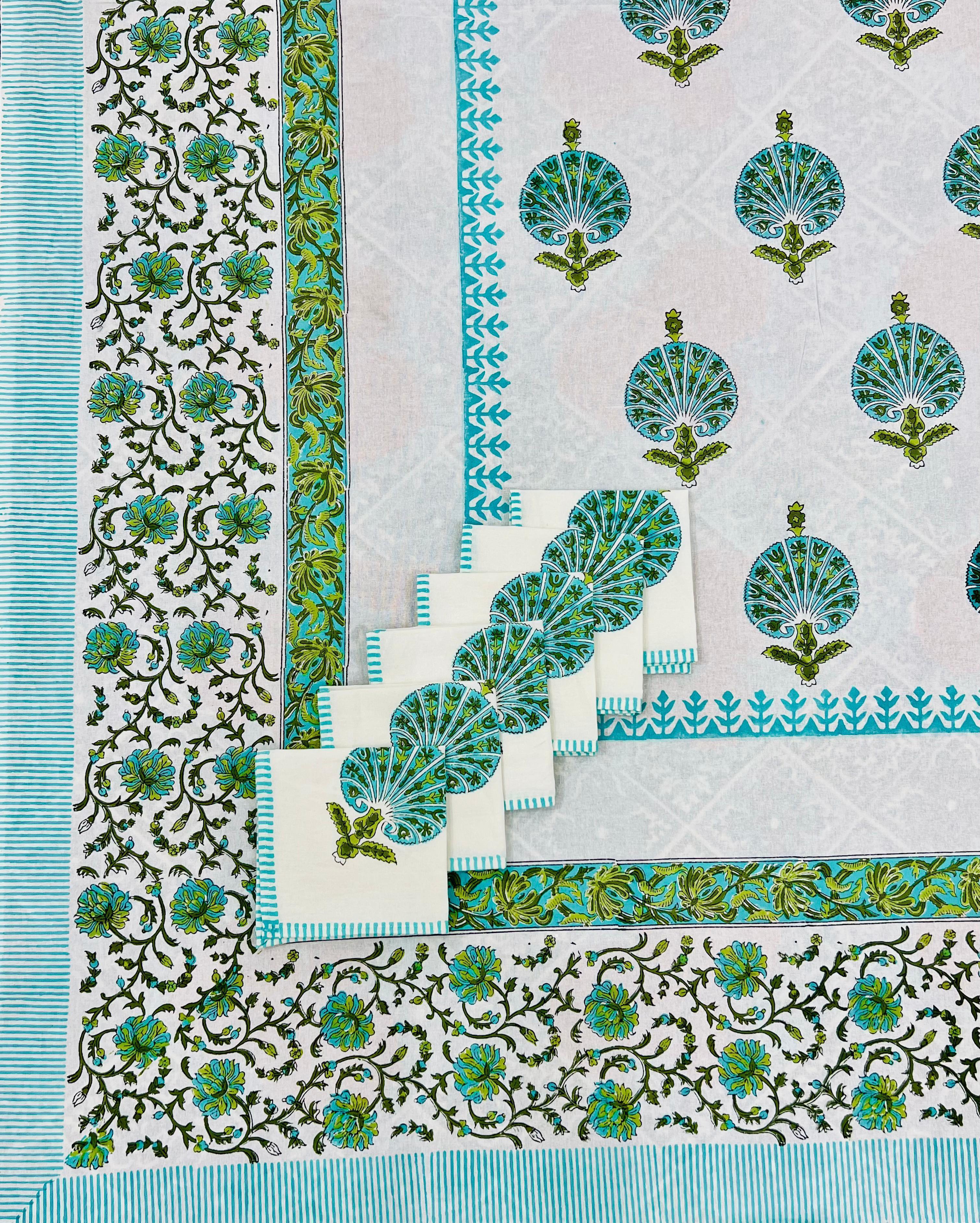 Pure cotton hand-block printed dining table covers with 6 napkins (for 6 seater tables)