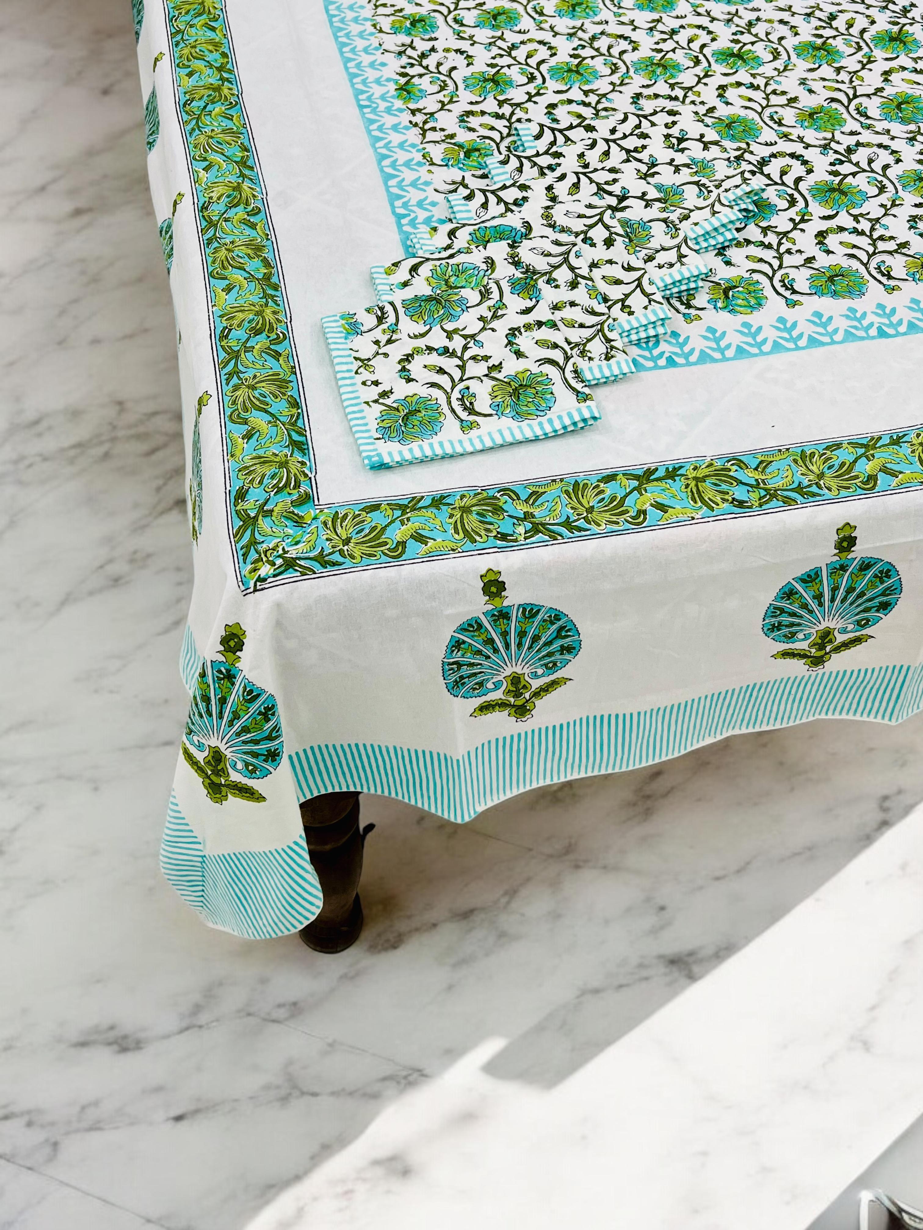 Pure cotton hand-block printed dining table covers with 6 napkins (for 6 seater tables)