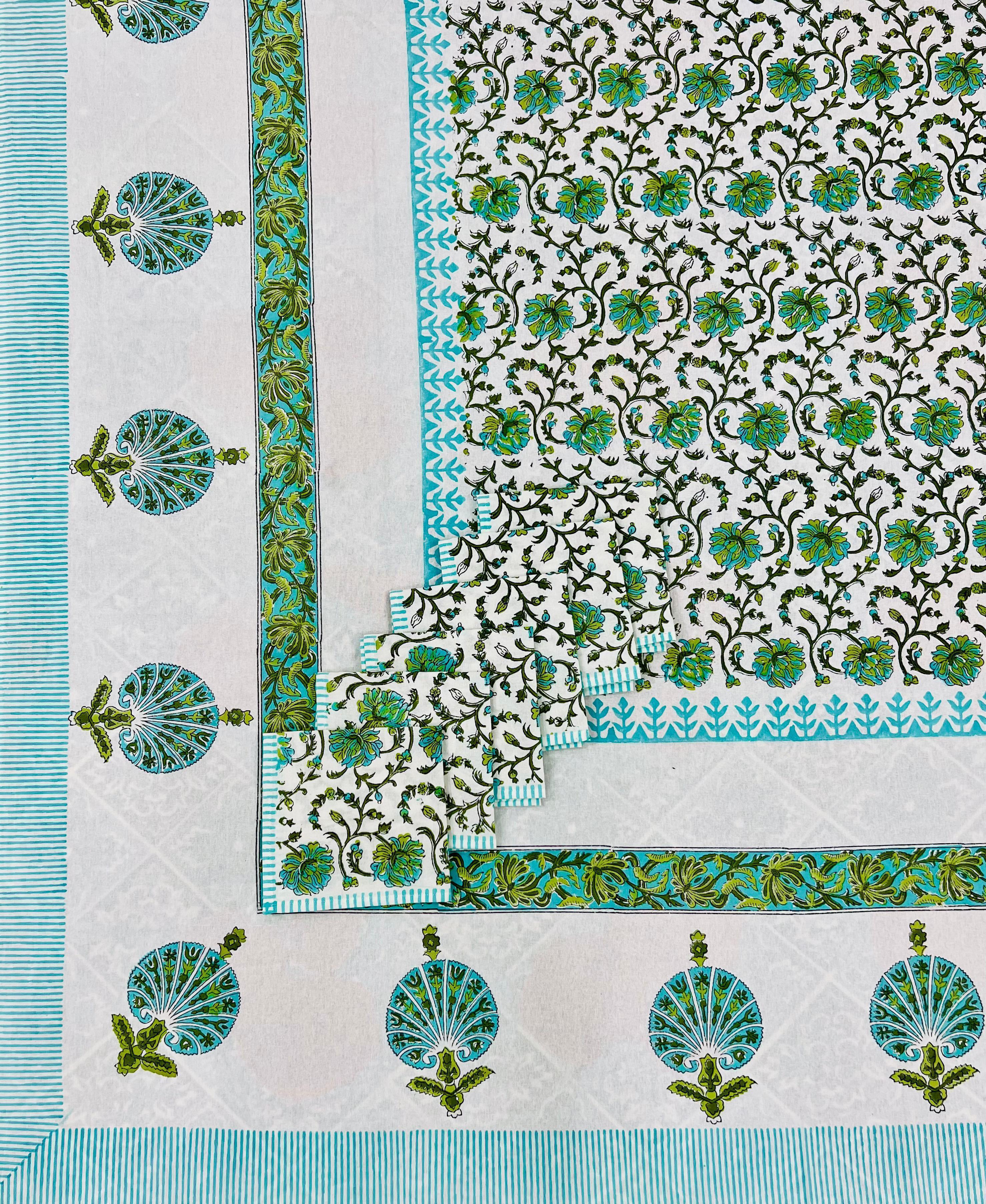 Pure cotton hand-block printed dining table covers with 6 napkins (for 6 seater tables)