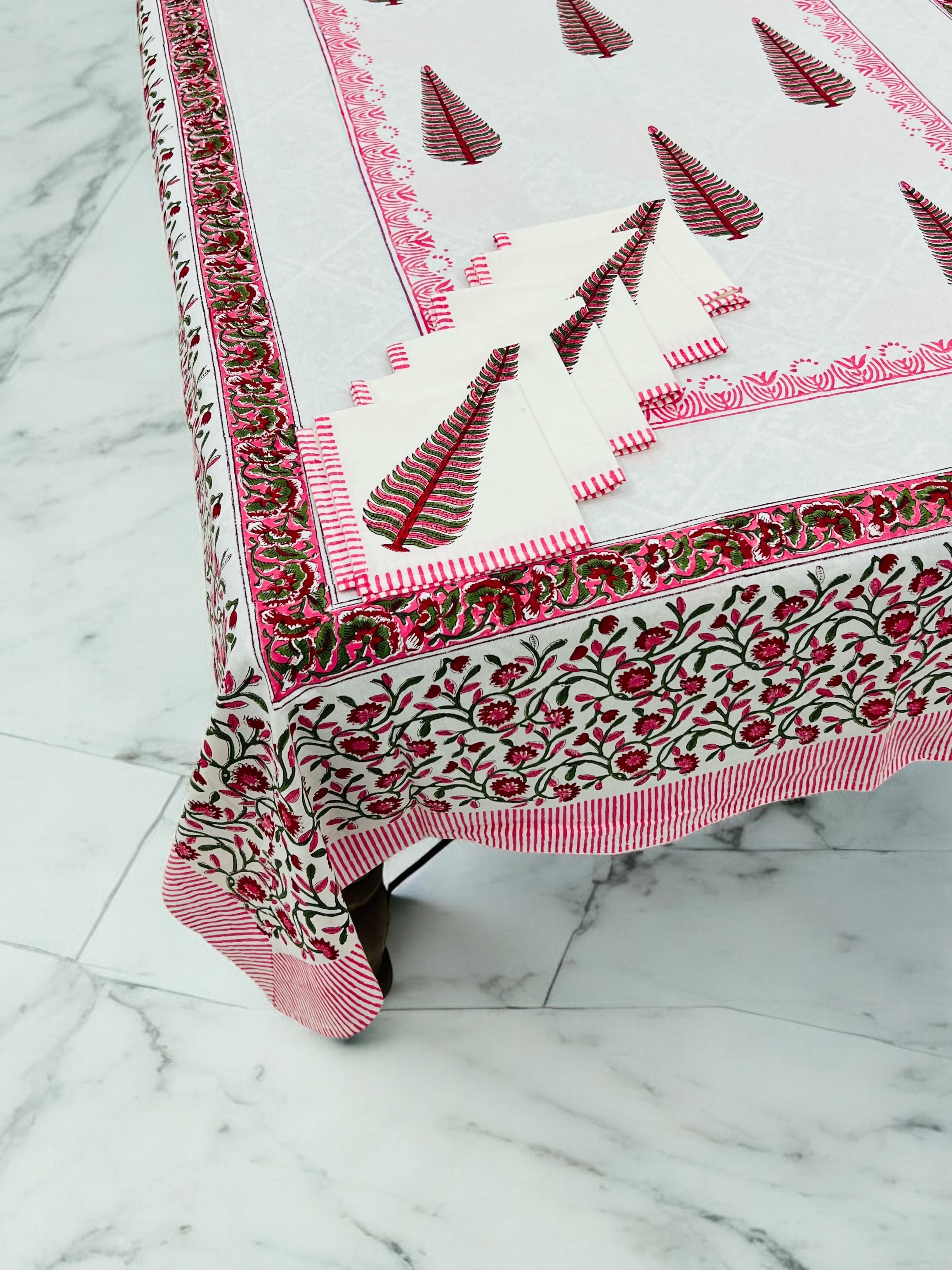 Pure cotton hand-block printed dining table covers with 6 napkins (for 6 seater tables)