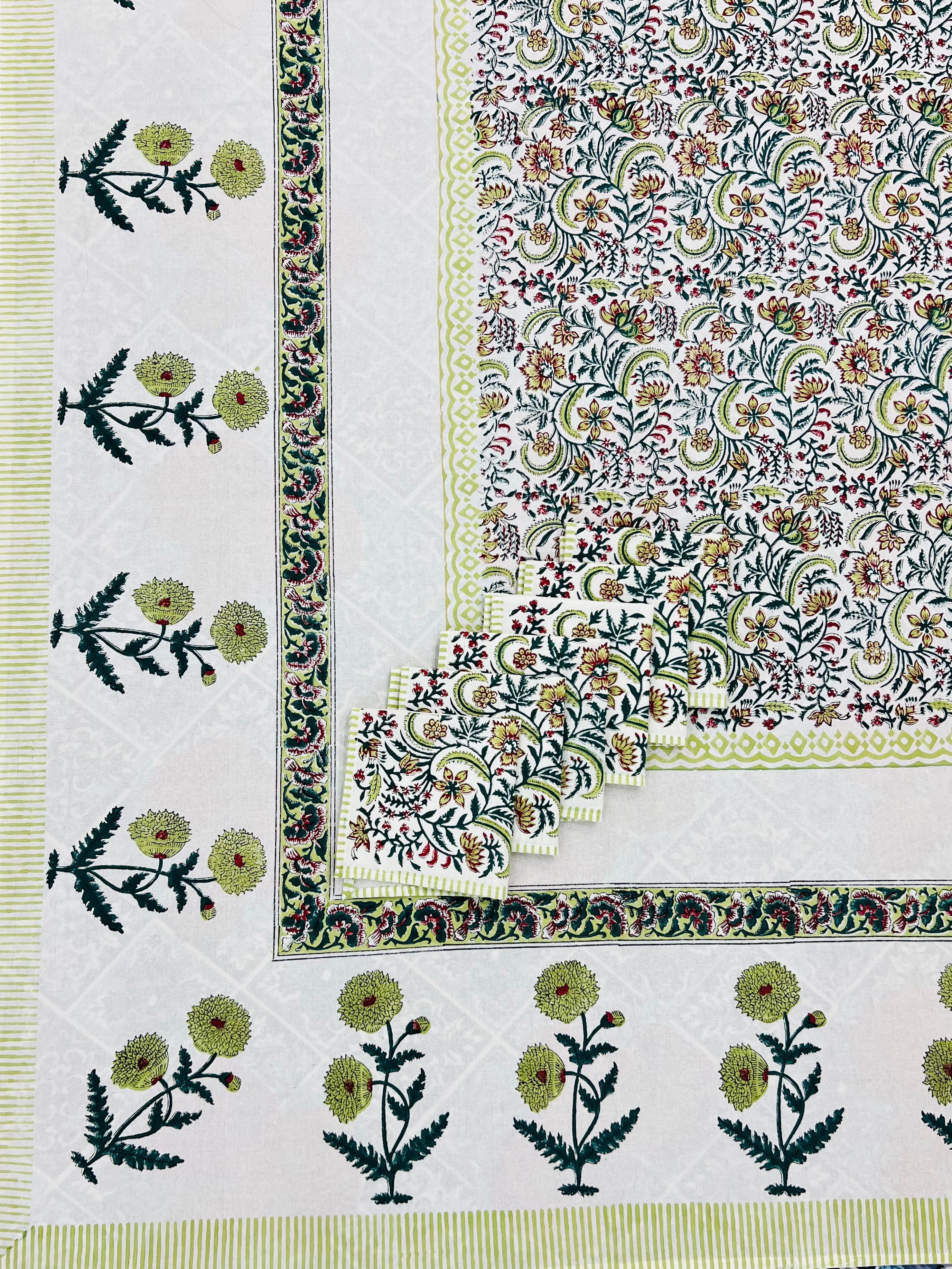 Pure cotton hand-block printed dining table covers with 6 napkins (for 6 seater tables)