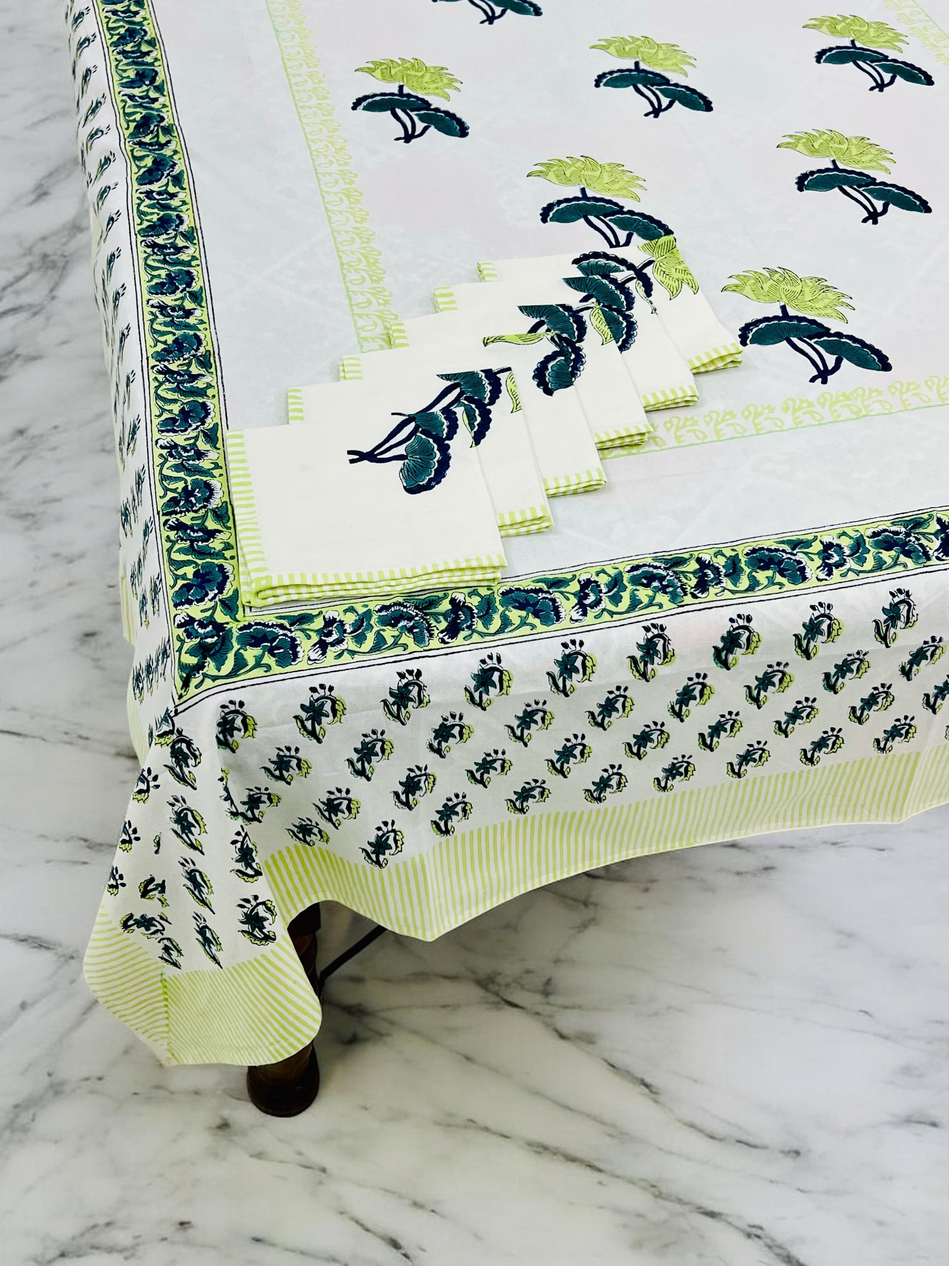 Pure cotton hand-block printed dining table covers with 6 napkins (for 6 seater tables)